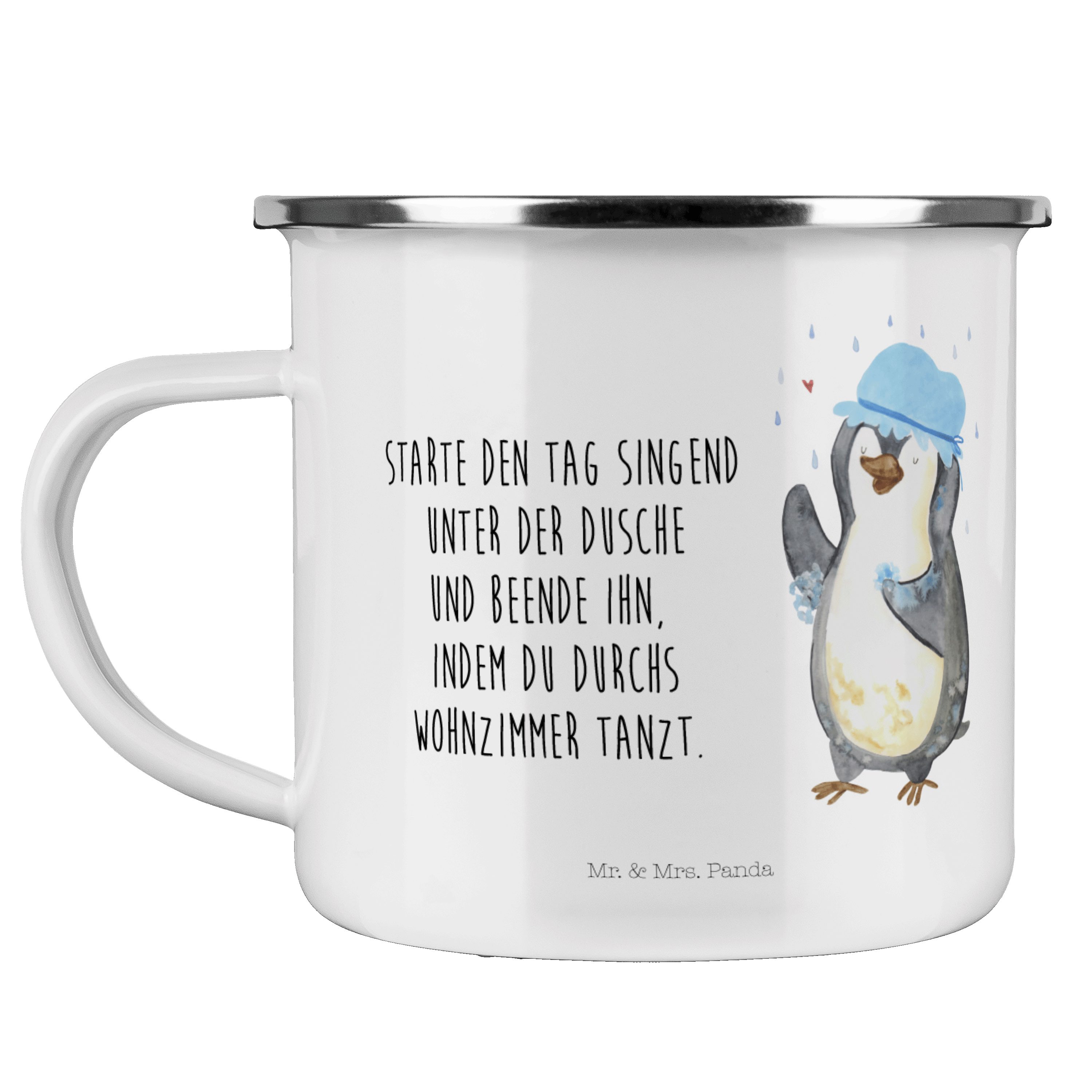 Kaffee Becher & Panda Pinguin Mrs. Ne, - Weiß Duschkonzert, Emaille Geschenk, Blechtasse, - duscht Mr.