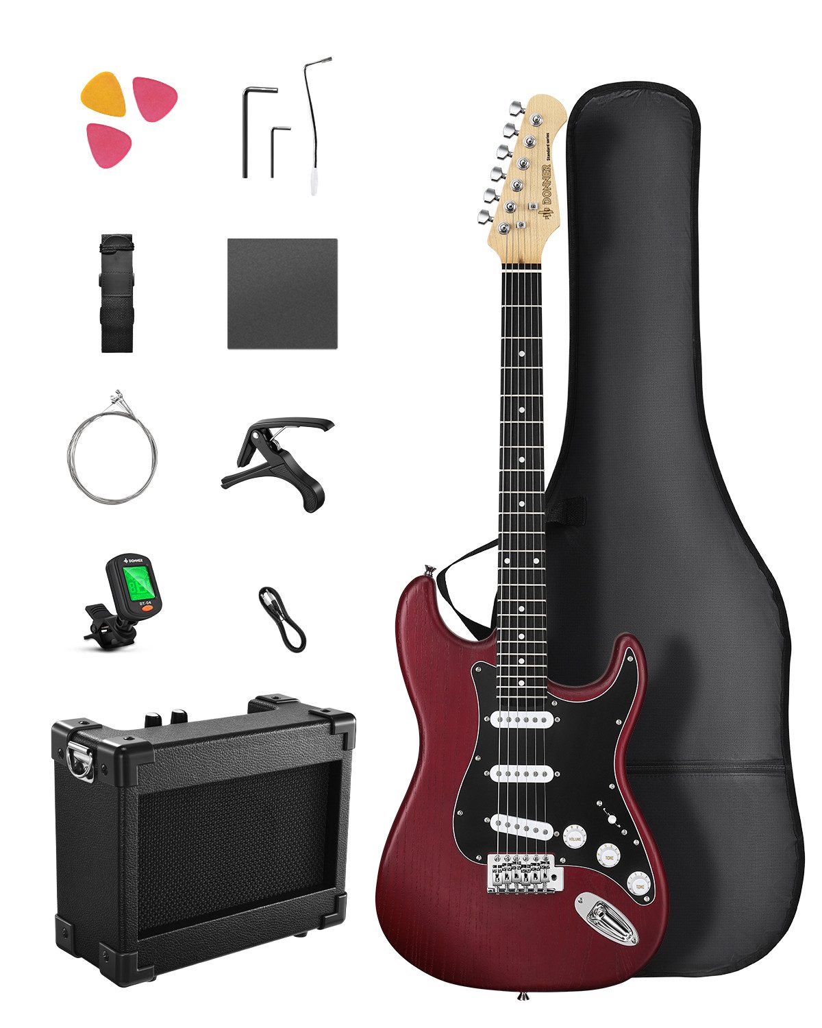 Donner E-Gitarre E-Gitarre Set Holzmaserung SSS-Tonabnehmer Umfassen Verstärker DST-80, Ergonomischem Design, Gig Bag, Stimmgerät, Riemen, Pleks, Kabel, Verstärker