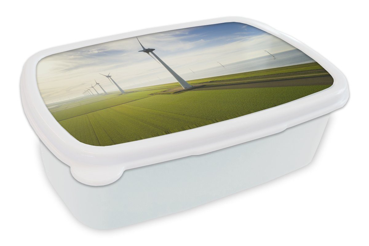 MuchoWow Lunchbox Meer - Windmühle - Niederlande, Kunststoff, (2-tlg), Brotbox für Kinder und Erwachsene, Brotdose, für Jungs und Mädchen weiß
