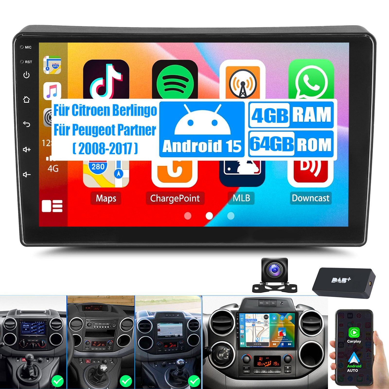 ESSGOO DAB+ CarPlay Android 15 Autoradio Für Citroen Berlingo Peugeot Partner Autoradio (Digitalradio (DAB), 4+64GB(optional), RDS, AM, FM, Carplay Android Auto Bluetooth EQ USB GPS Navi WIFI Touchscreen)