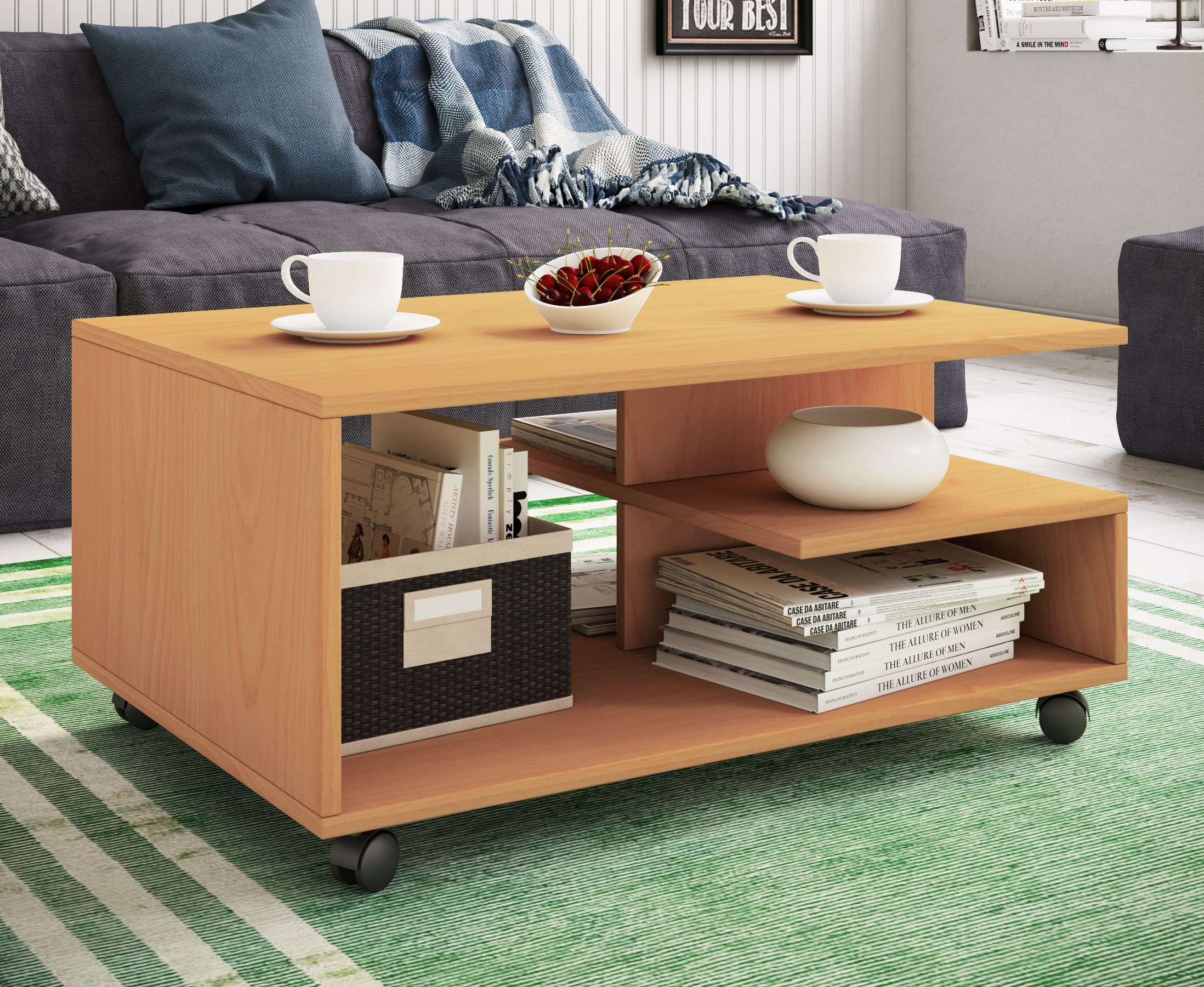 VCM Couchtisch Holz Sofatisch Couchtisch Rollen rollbar Stango L, Pflegeleicht