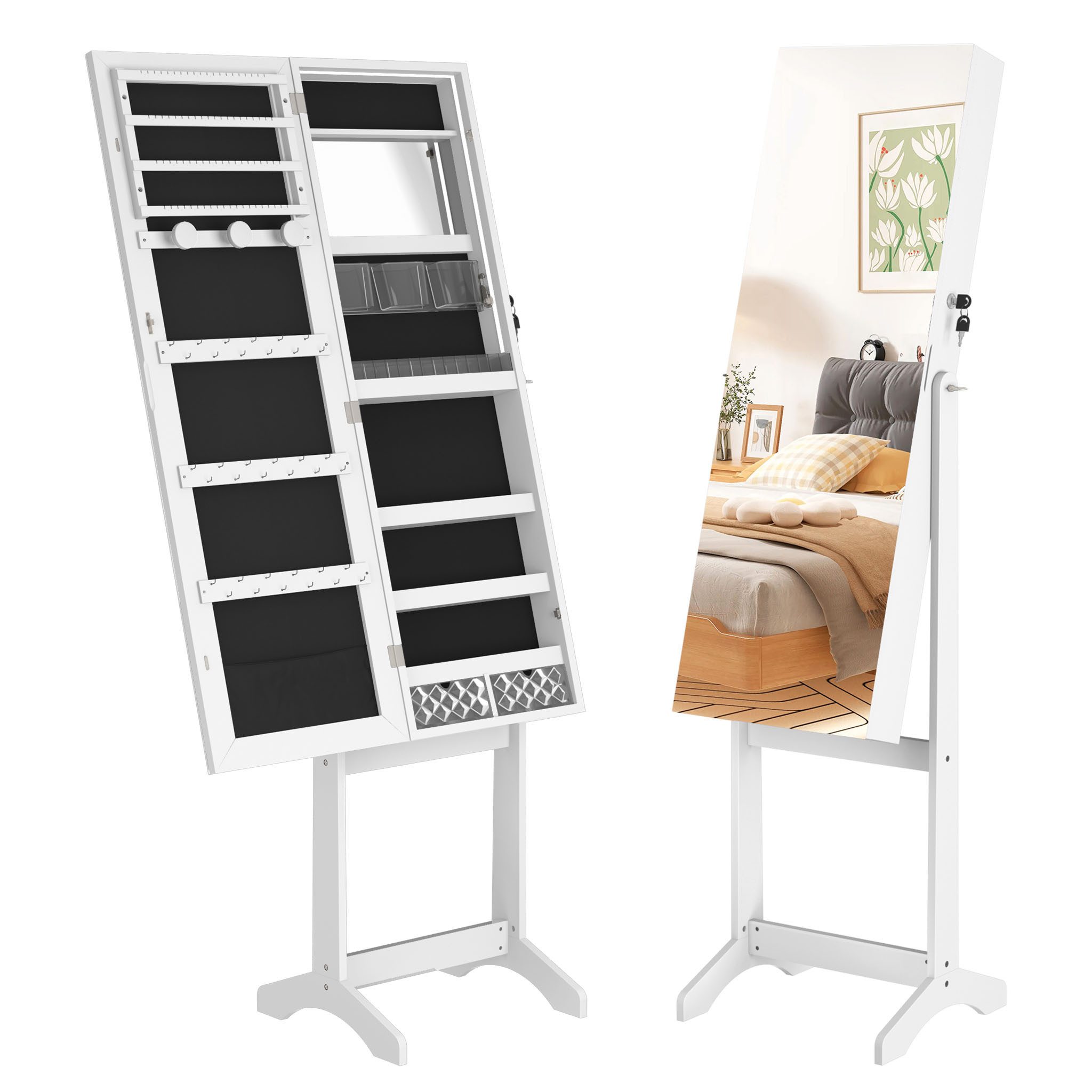 FIVMEN Schmuckschrank Spiegelschrank zur Aufhängen Hängend Abschließbar 2 in 1 Doppelfußhalterung Make up Spiegel Schminkschrank Weiß/Schwarz