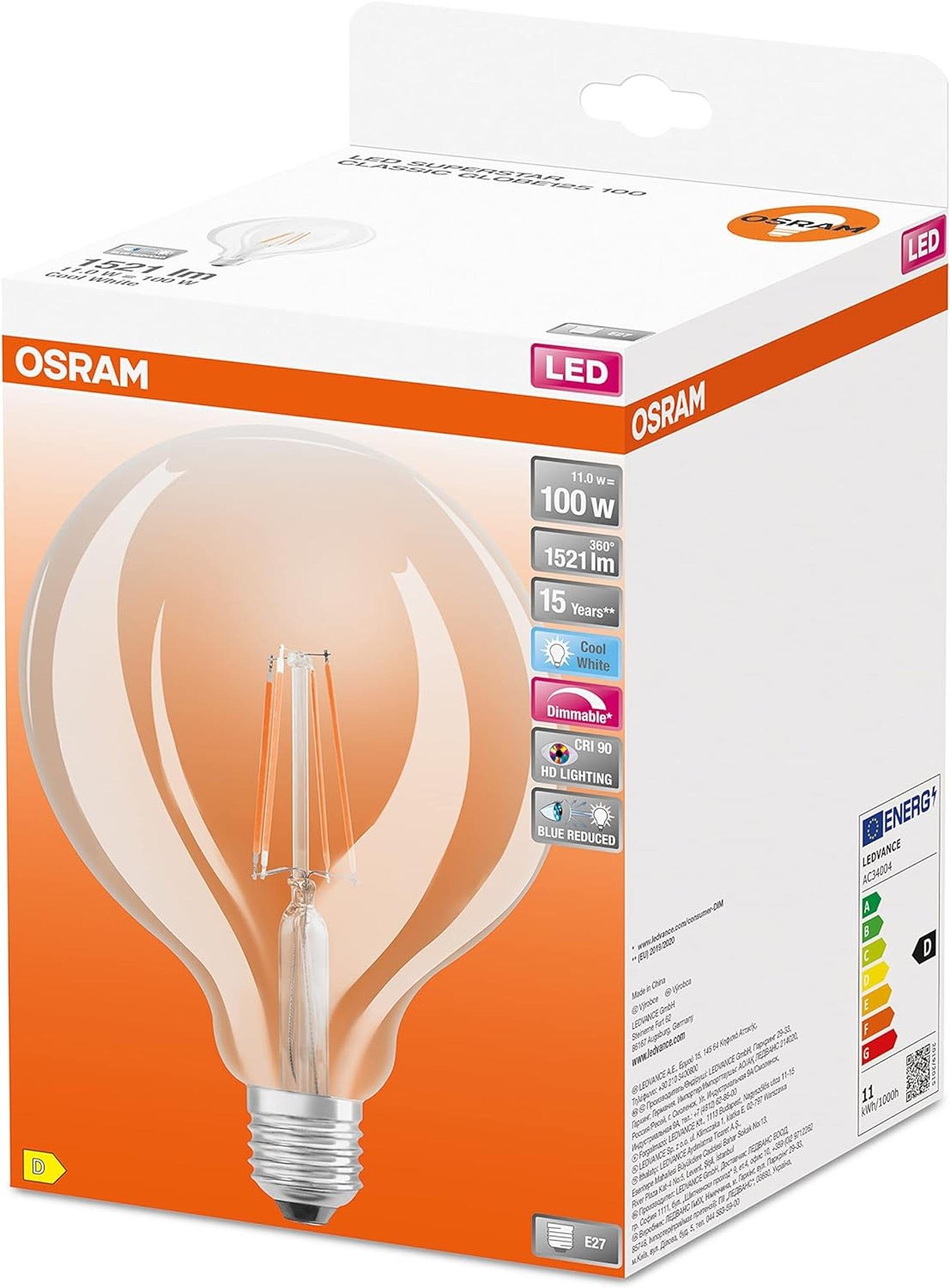 E27, LED-Lampe LED-Leuchtmittel 2ER, dimmbare Filament-Optik Kaltweiß, OSRAM Superstar Osram