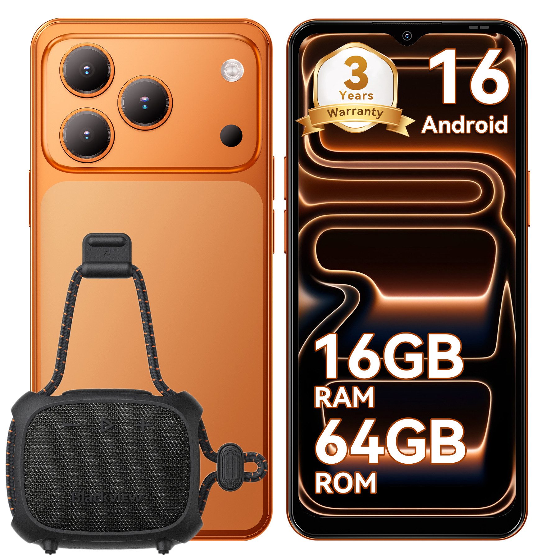 blackview WAVE 7C (16+64/128GB) 60HZ 5000mAh und Bluetooth-Lautsprecher Smartphone (6.56 Zoll, 64 GB Speicherplatz, 32 MP Kamera, 4G Dual SIM/Face ID/IP54/GPS/3 Jahre Garantie)
