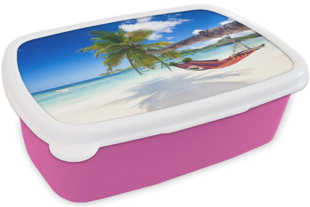 MuchoWow Lunchbox Snackbox, Kunststoff, Brotbox rosa für - Erwachsene, Palme, Mädchen, - Strand - Hängematte (2-tlg), Brotdose Meer Kunststoff Kinder