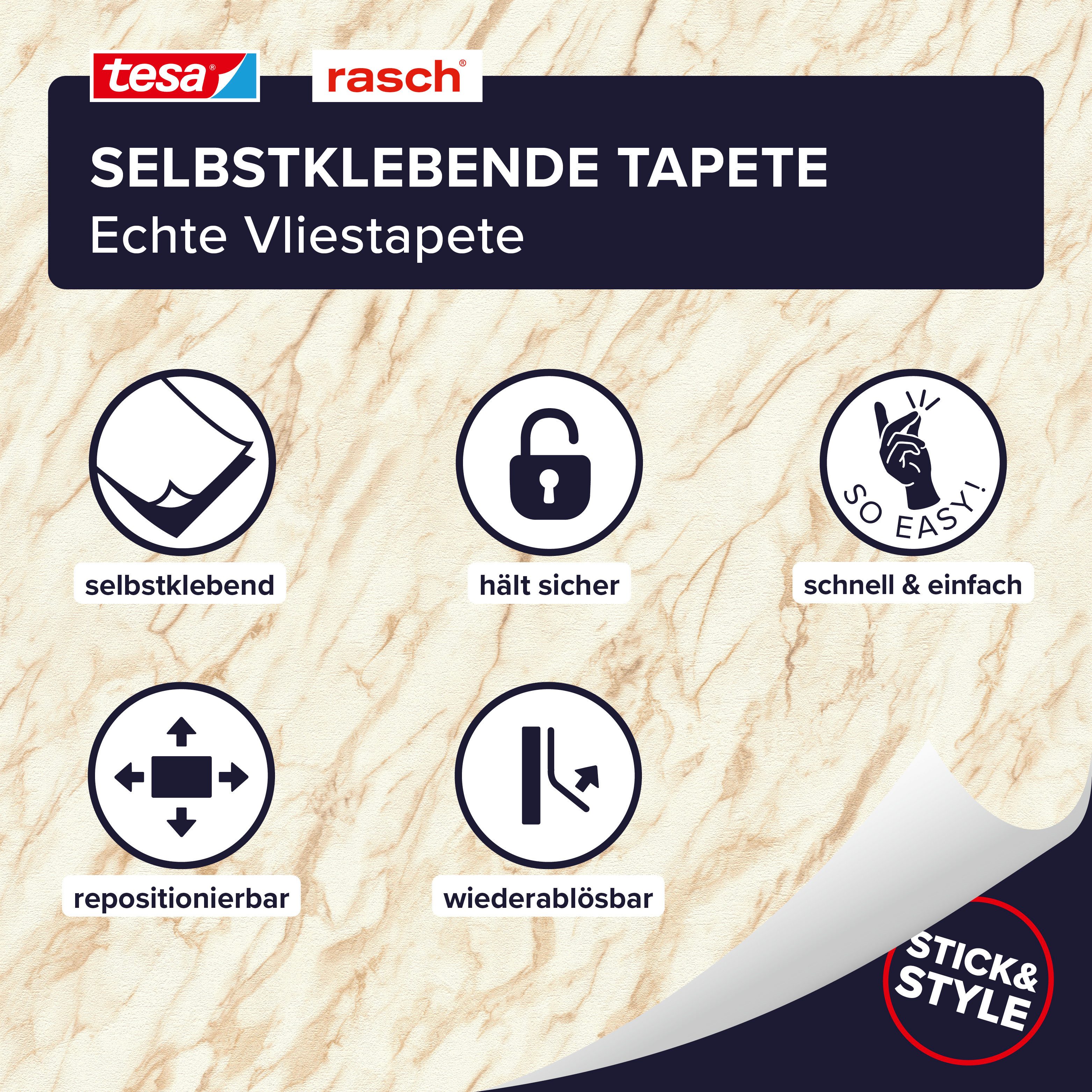 Rasch Vliestapete Carrara - Selbstklebende Tapete Marmoroptik von tesa® x rasch®, strukturiert, Marmor, (1 St), selbstklebend, 6,00m x 0,53m