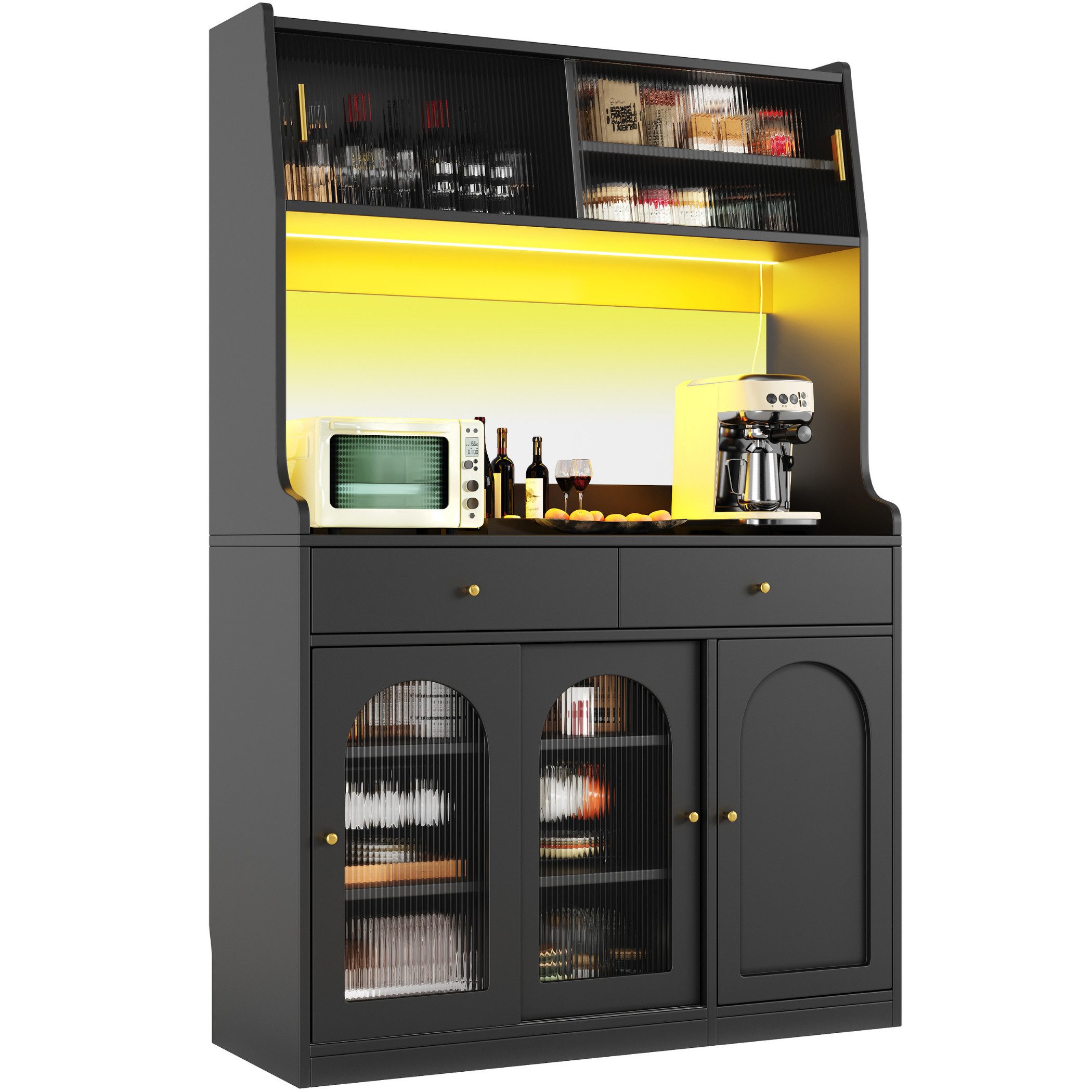 Buffet LED Küchenschrank Mehrzweckschrank mit Glas-Schiebetüren, 2 Schubladen