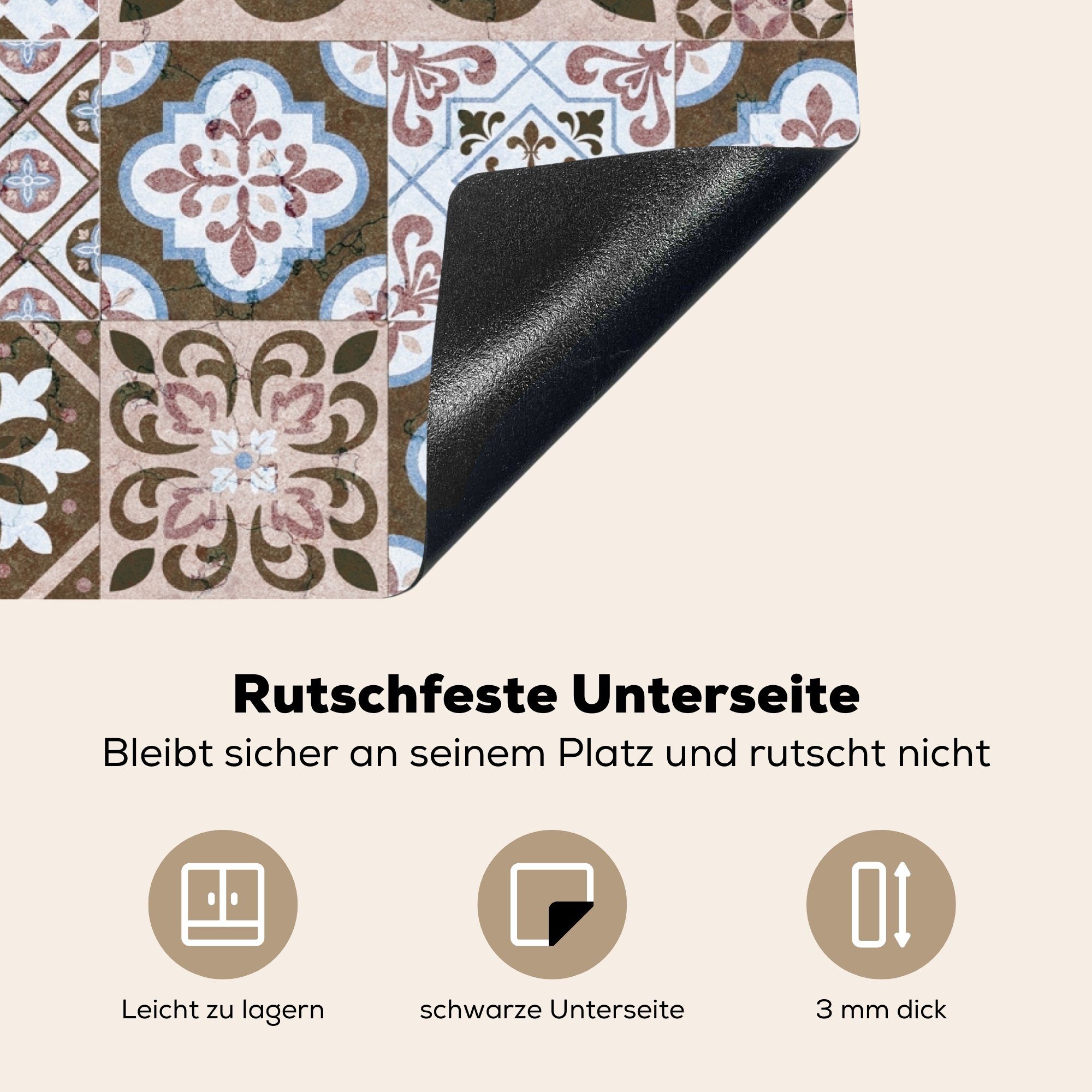 für küche, Ceranfeldabdeckung - Blumen Induktionskochfeld tlg), Vintage 71x52 (1 Schutz MuchoWow - Muster cm, Braun - die Formen, Herdblende-/Abdeckplatte - Vinyl,