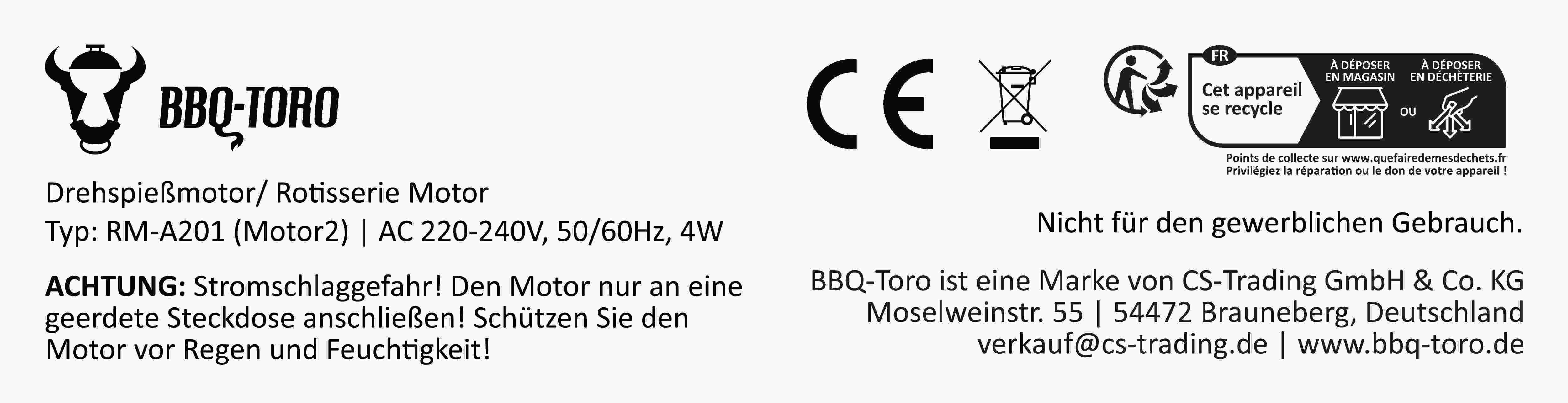 BBQ-Toro Grillspieß Universal Grillspieß Set mit Spieß, Motor, Motorhalter, 2 Fleischnadel
