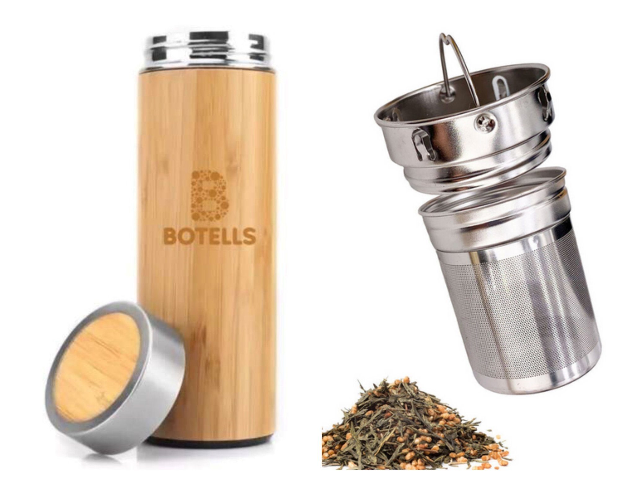 Botells Thermoflasche Isolierflasche Bambus & Edelstahl, Teesieb, 500 ml, auslaufsicher, lebensmittelechter Edelstahl, nachhaltig Ressourcen sparend, 0,5l