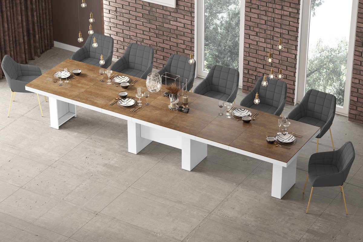 designimpex Esstisch Design Esstisch Tisch HLA-111 Hochglanz XXL ausziehbar 160 bis 400 cm Rostoptik matt - Weiß Hochglanz