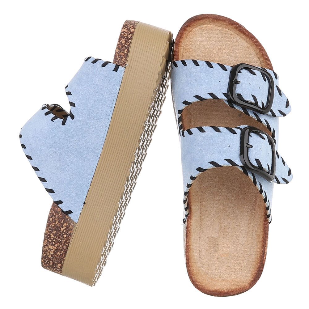 Ital-Design Damen Plateau-Pantolette mit Schnallen und Zierprägung Plateausandaletten (91895607) Flach Pantoletten in Hellblau