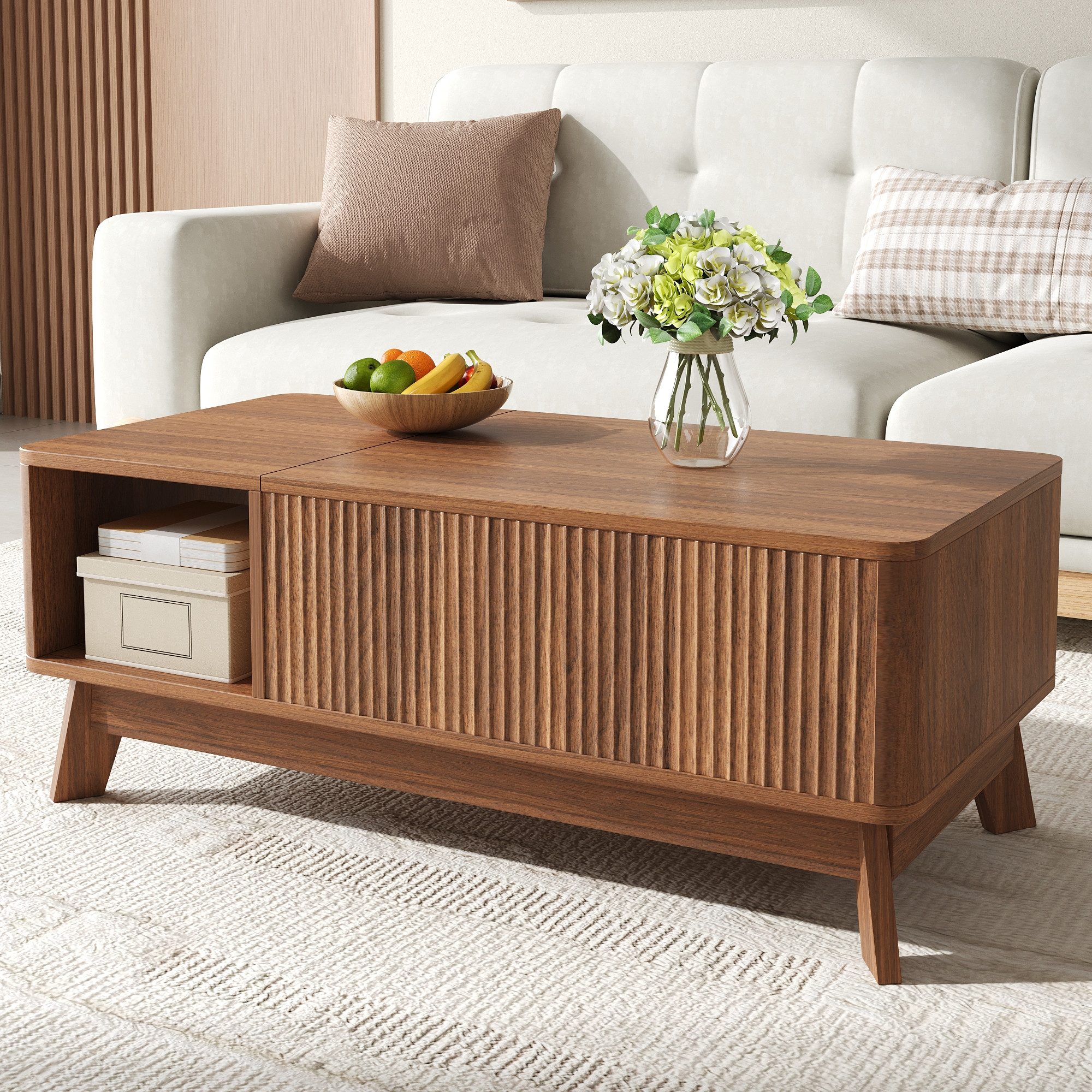 REDOM Couchtisch 95x50x48 cm mit Hubfunktion in Nussbaum (Packung, 1-St., Offenes Seitenfach für zusätzlichen Stauraum, Wellenoptik), Offenes Seitenfach für zusätzlichen Stauraum, MDF-Material