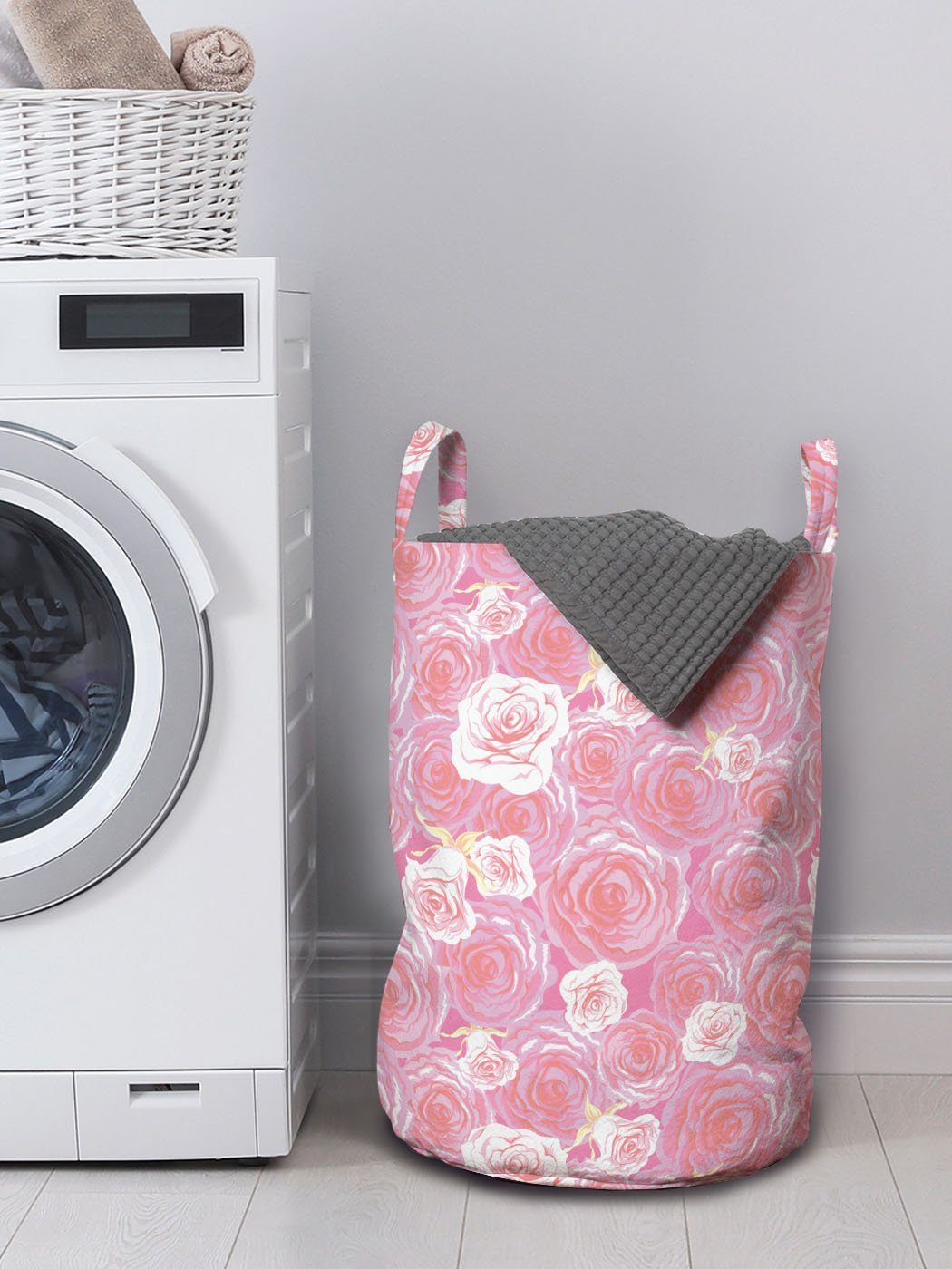 Abakuhaus Wäschesäckchen Wäschekorb mit Griffen für Flora Rose Romantisches Blooming Waschsalons, Kordelzugverschluss