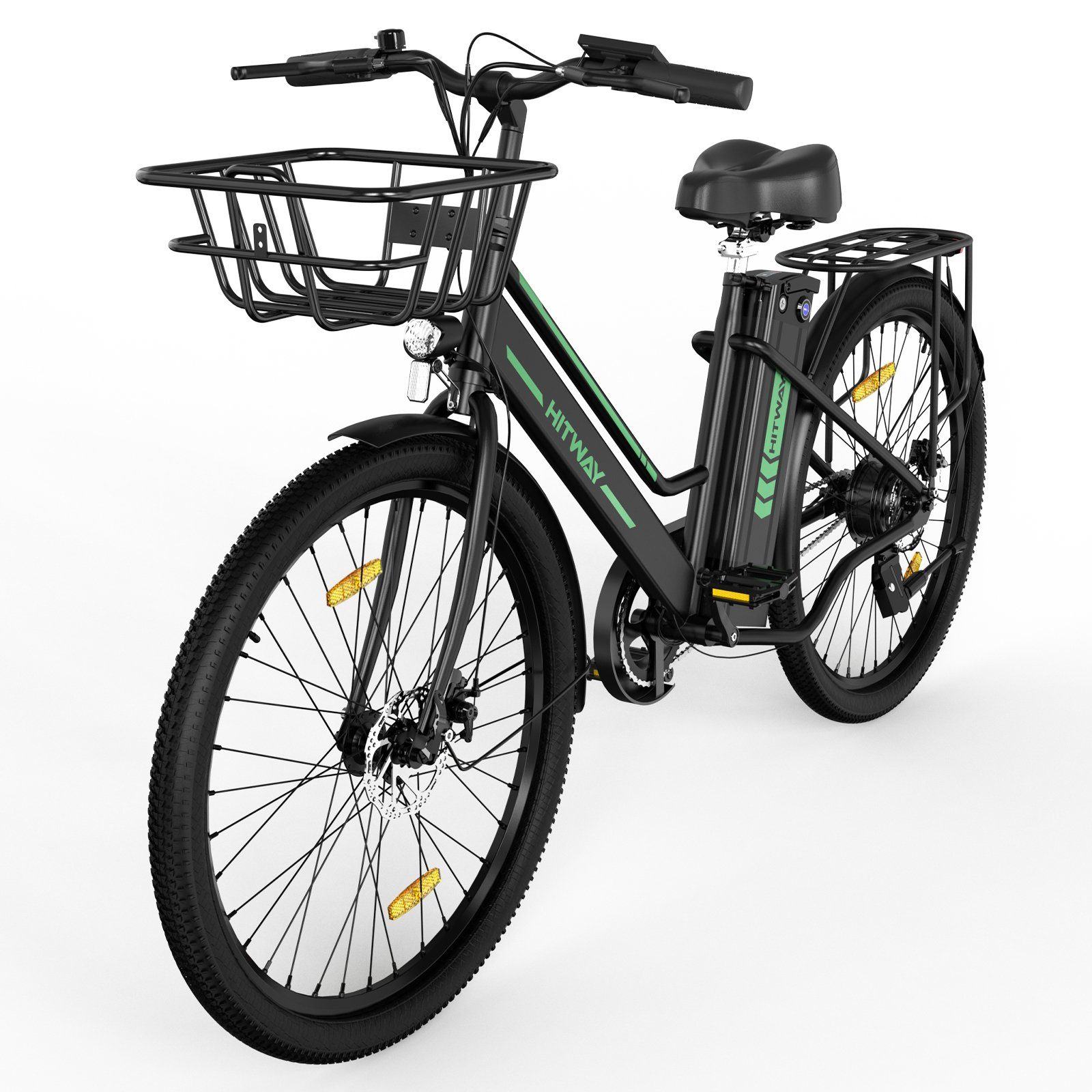HITWAY E-Bike Damen Zoll Batterieladegerät/ 26 schwarz-Fahrradkorb 8.4AH 25km/h,35-70KM, Herren 36V E-Fahrrad für Pumpe/Fahrradschloss Heckmotor