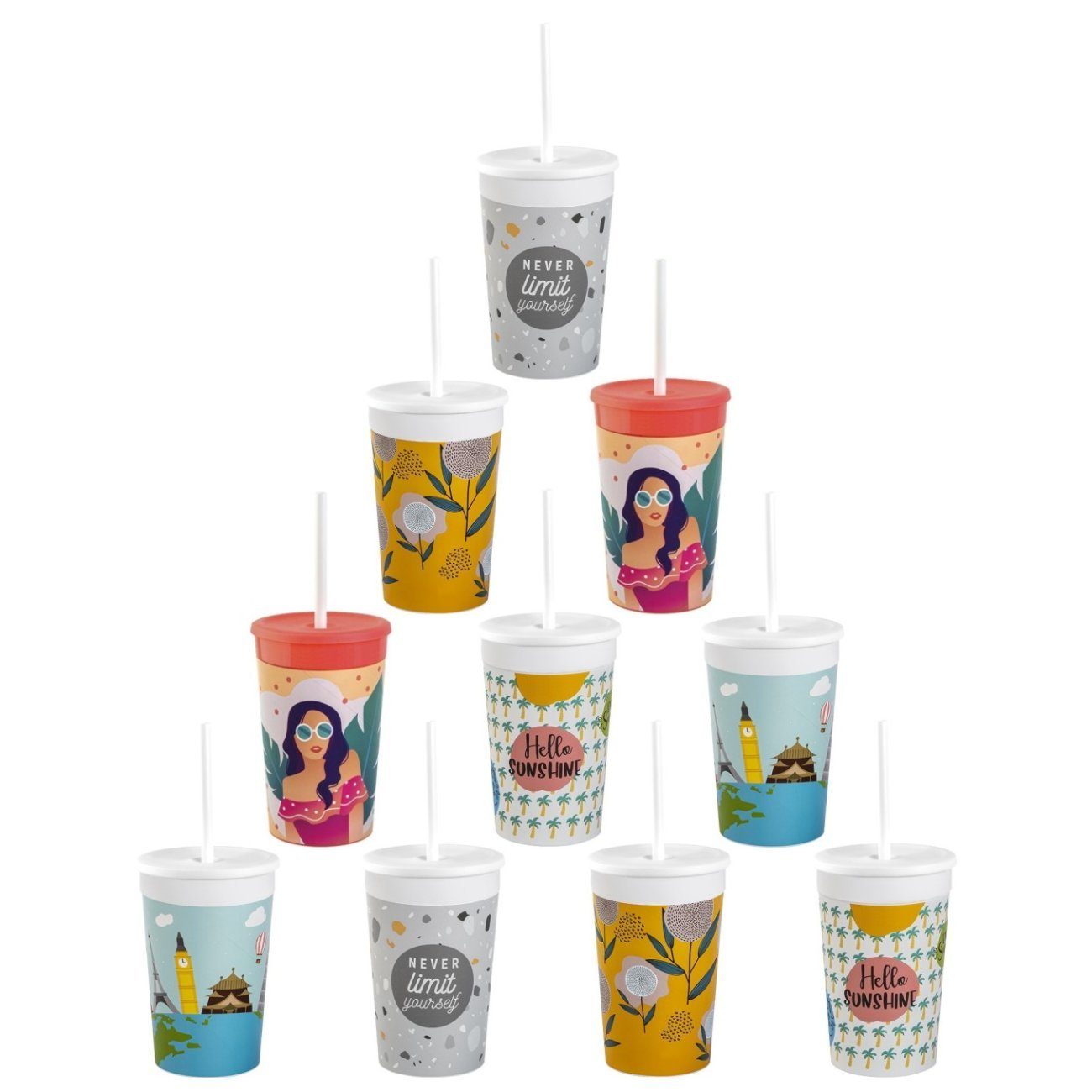 Engelland Kinderbecher Kunststoffbecher mit Deckel & Strohhalm, Bunte Mischung, 330 ml, 10-tlg., Kunststoff (BPA-frei), Trinkbecher, Partybecher, Kindergeburtstag, Plastikbecher, Mehrweg