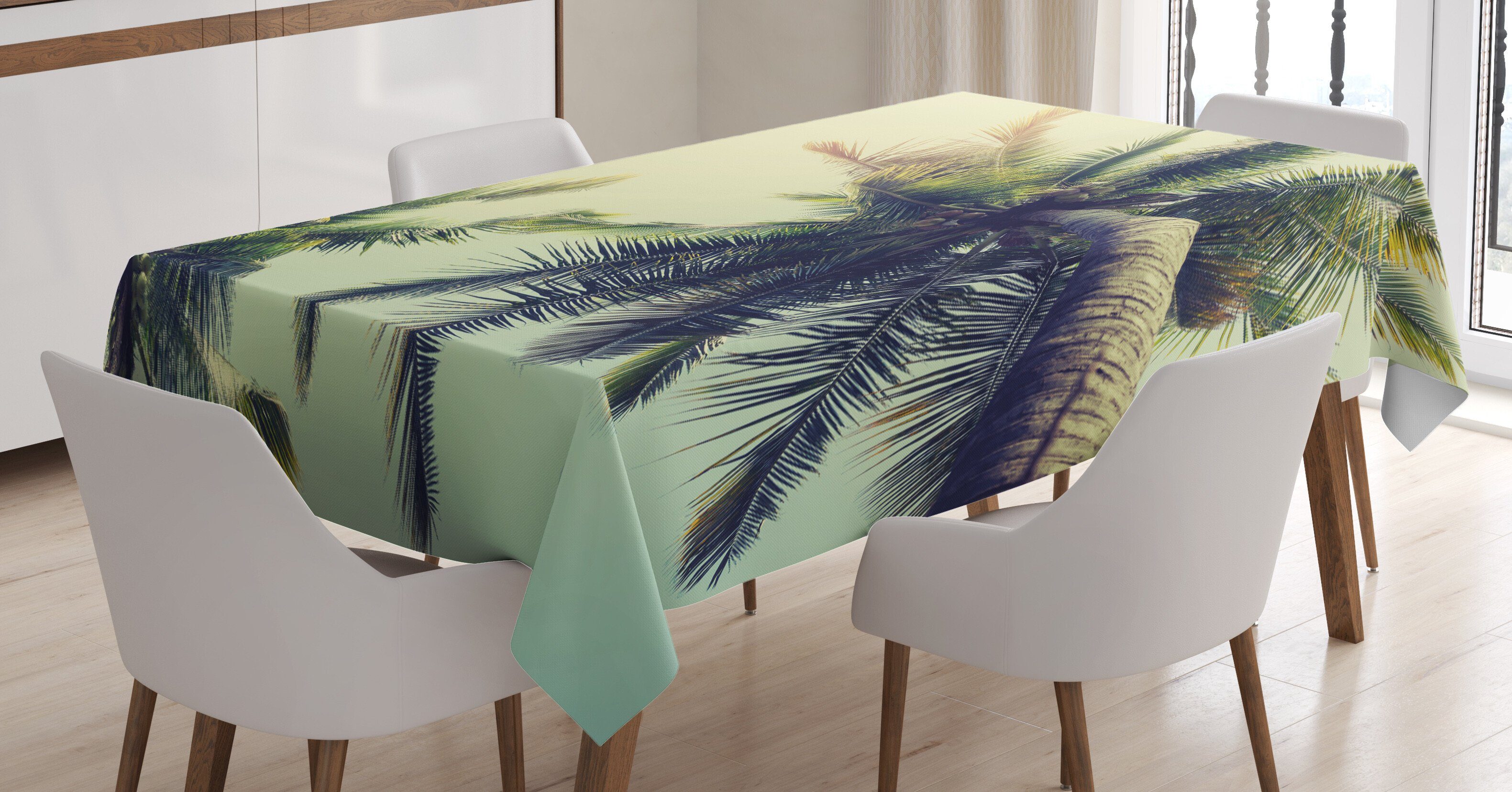 Abakuhaus Tischdecke Farbfest Waschbar Für den Außen Bereich geeignet Klare Farben, Palme Karibik Küstenlandschaft Meer