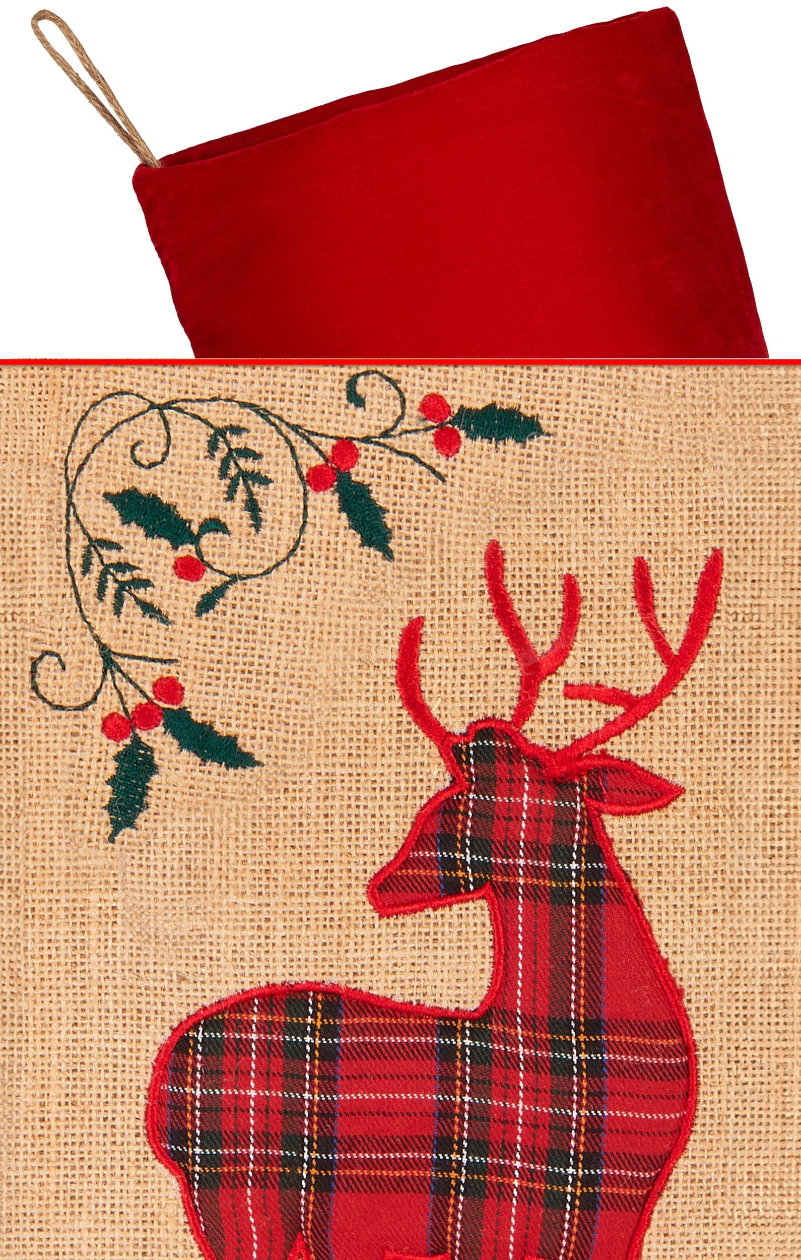 BRUBAKER Nikolausstiefel Weihnachtsstrumpf zum Befüllen und Aufhängen - 52 cm Nikolausstrumpf (Rentiere Rot Karomuster, 1 St), Weihnachtsdeko Weihnachtssocke Strümpfe für Weihnachten und Nikolaus