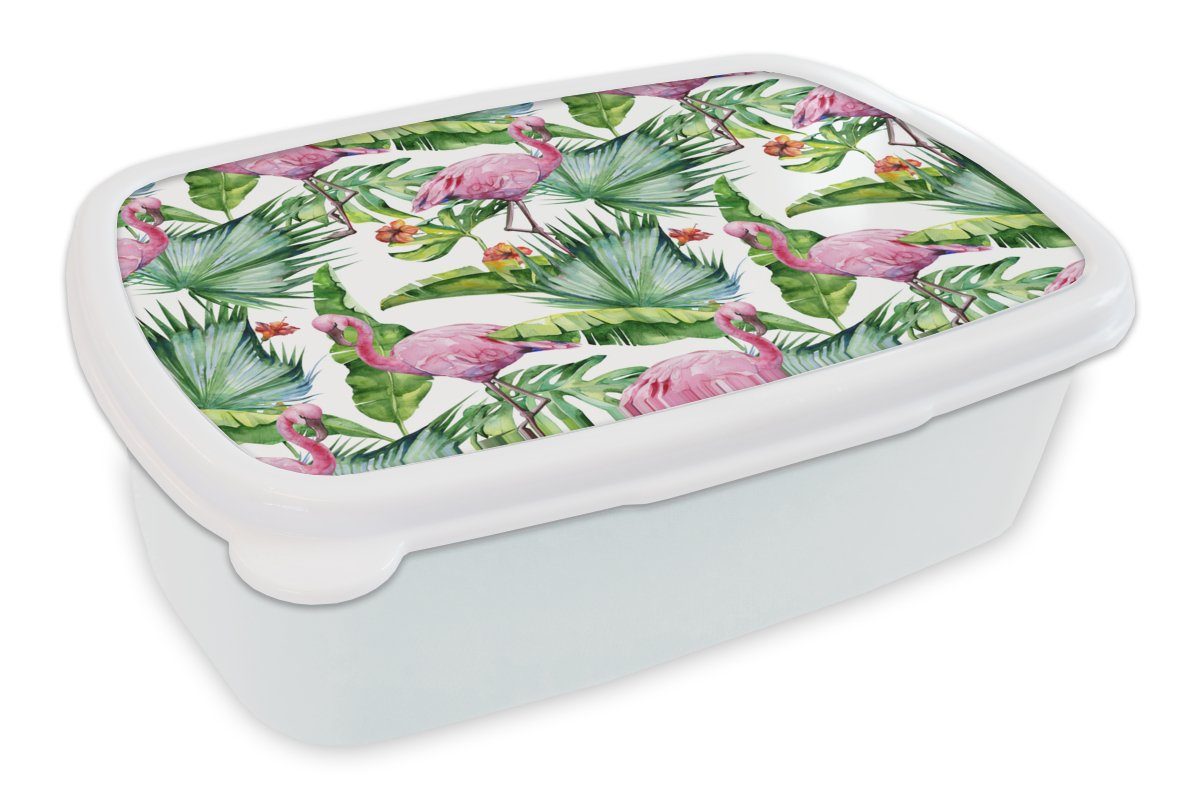 MuchoWow Lunchbox Blätter - Flamingo - Blumen - Dschungel, Kunststoff, (2-tlg), Brotbox für Kinder und Erwachsene, Brotdose, für Jungs und Mädchen weiß