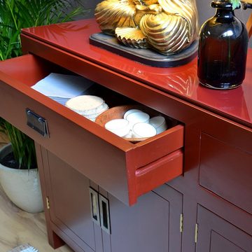 Kai Wiechmann Sideboard Sideboard im asiatischen Stil rot 155 x 40 cm Anrichte Büfett, rot lackiert, mit 2 Schubladen, viertürig, Used Look, Massivholz