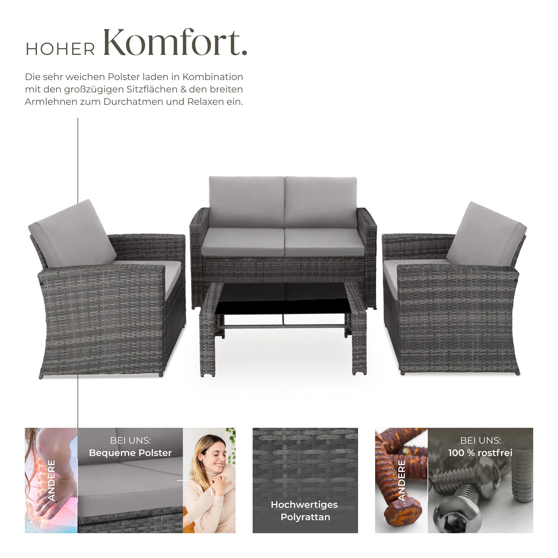 tectake Loungeset Rattan Sitzgruppe mit Sicherheitsglasplatte, für 4 Personen, (Gartenlounge-set Jesolo, 5-tlg., geeignet für Outdoor in Grau/Hellgrau), widerstandsfähig und UV-beständig, geschwungenes Design