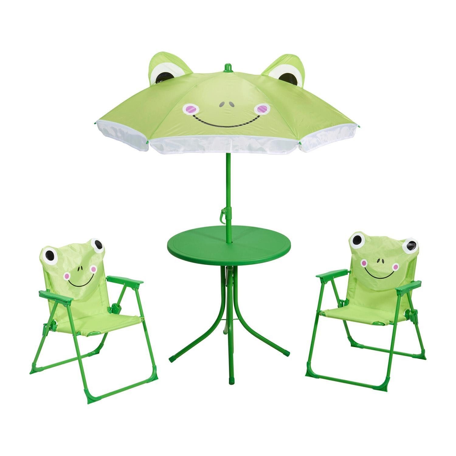 Koopman Kindersitzgruppe 4-teilig LEOPOLD, Grün, Hellgrün, Polyester, Stahl, mit 1 Tisch, 2 Stühlen und 1 Sonnenschirm, Froschmotiv