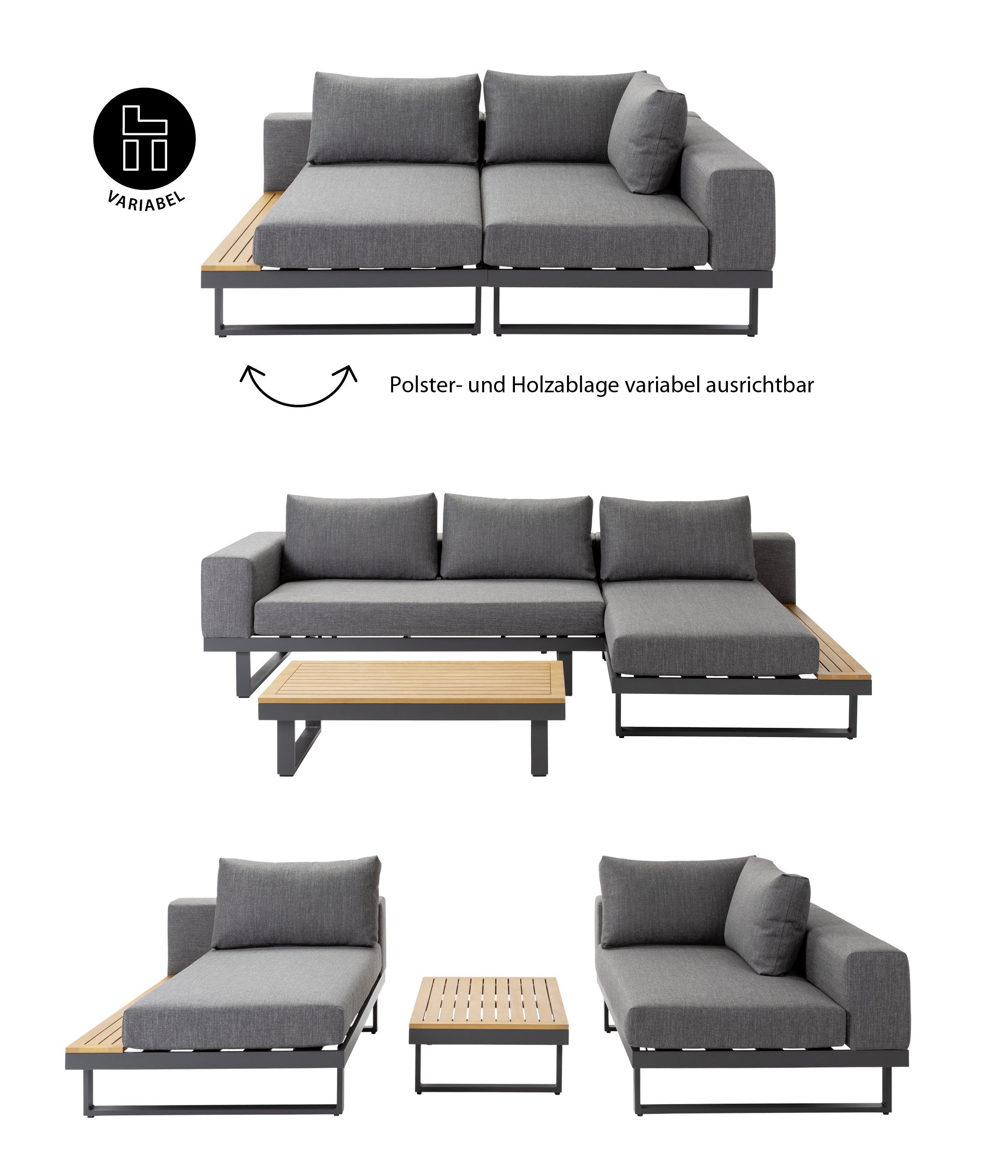 Dehner Balkonset Riva, 3-teilig, 4-Sitzer, inkl. Tisch und Polster, moderne Sitzgruppe aus Aluminium und FSC®-zertifiziertem Akazienholz