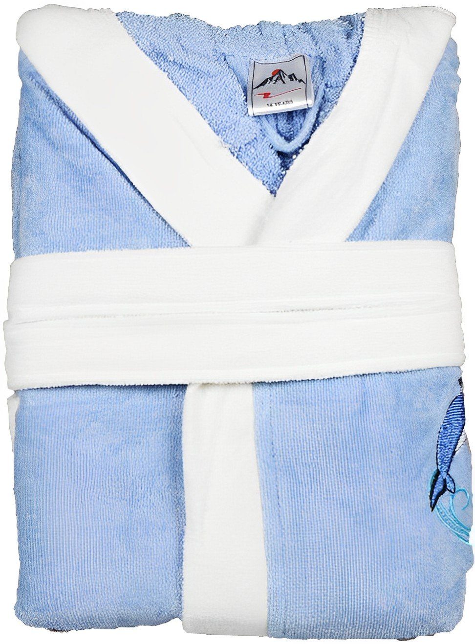 Meltem Kinderbademantel mit Kapuze Bindegürtel Blau Delphin 12 Jahre, Baumwolle, Schalkragen