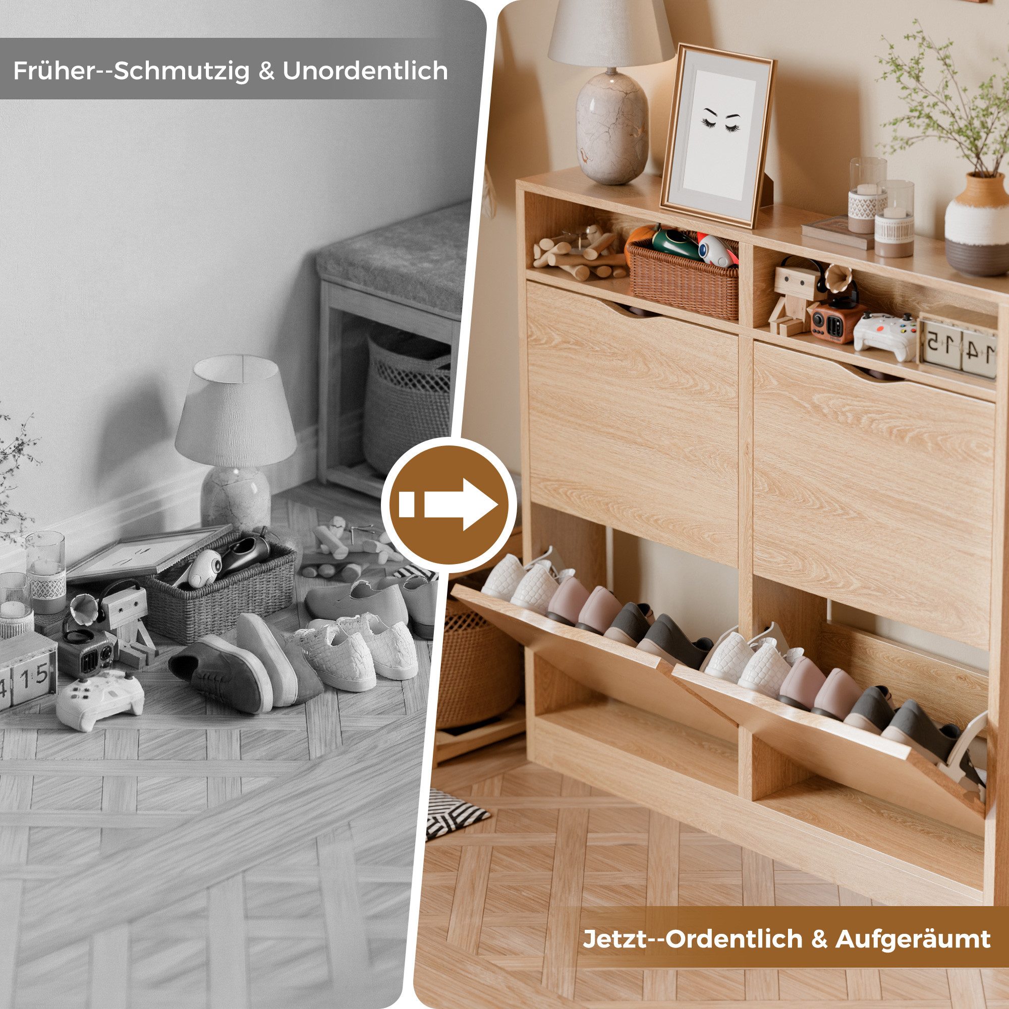 ELUCHANG Schuhschrank Schmal mit 4 Klappen Platzsparender (1-St) 100×17×100cm, braun – Bild 4 von 4