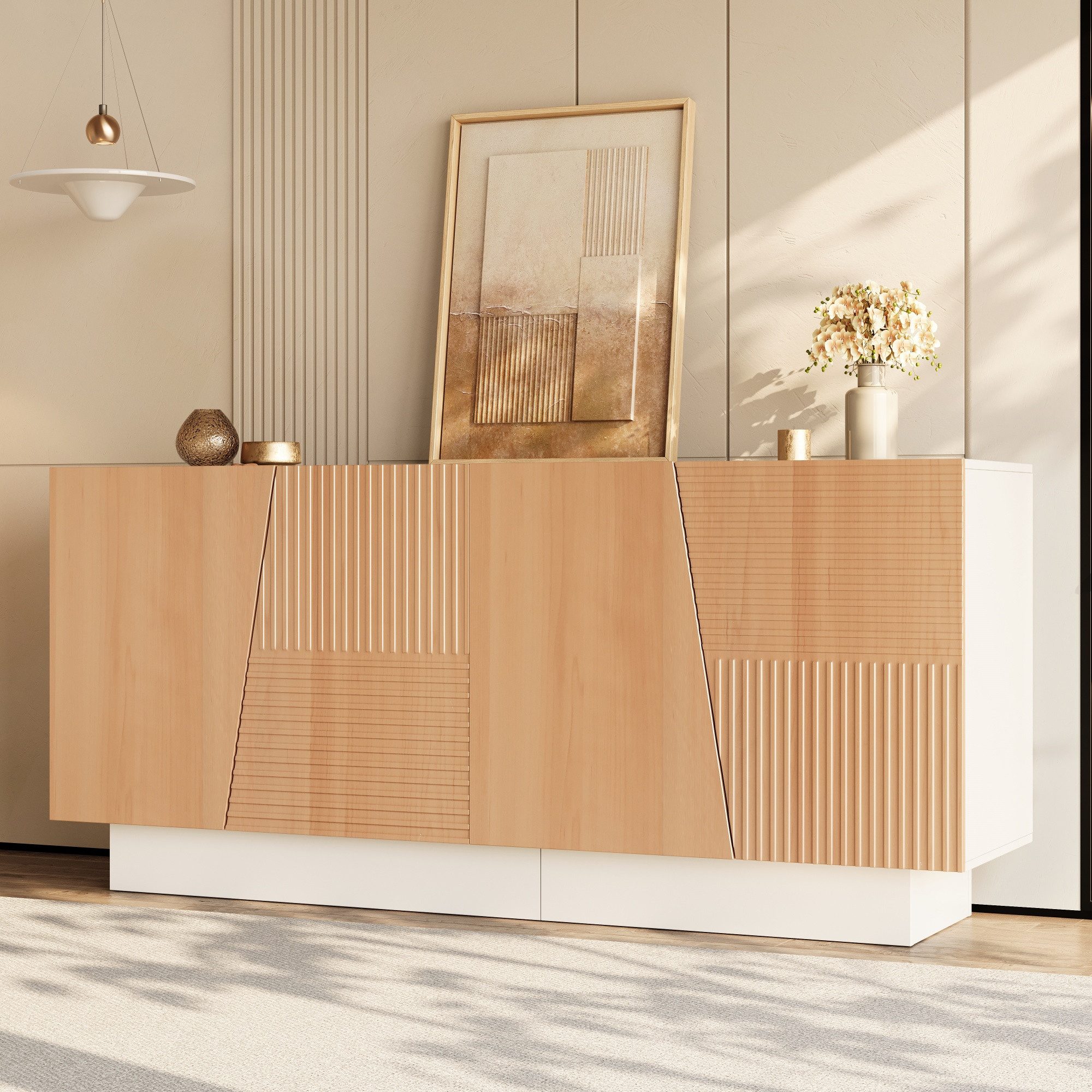 Merax Sideboard mit geometrischer Rillenstruktur (160 x 40,5 x 72 cm (L x B x H), 1 St), Kommode mit 4 Türen, großem Stauraum & …