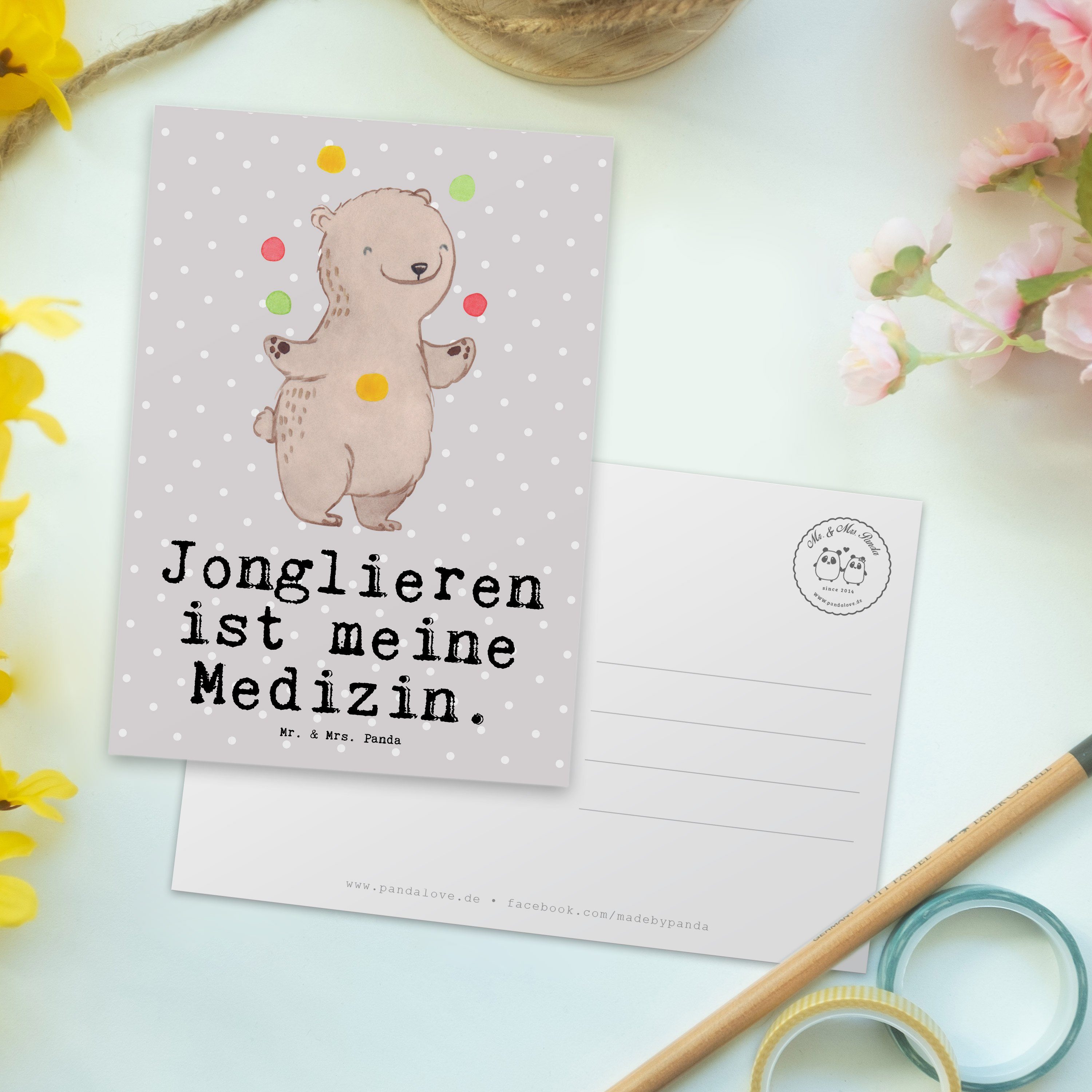 Geschenk, - Arti Postkarte Jonglieren Mr. - Pastell Mrs. Medizin Geschenkkarte, Panda Grau & Bär