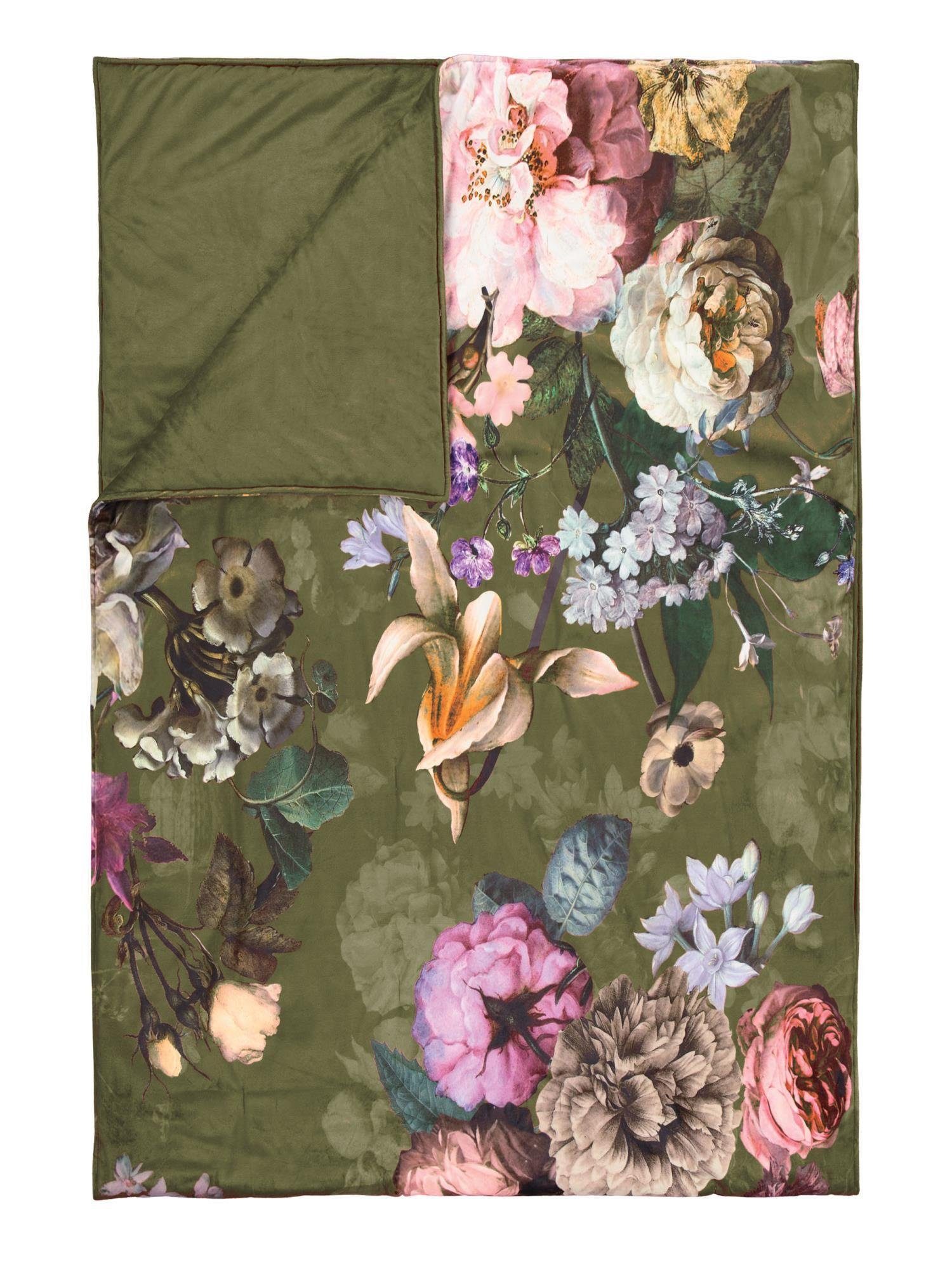Tagesdecke Fleur, Essenza, aus weichem Samt mit Blumenprint Moss