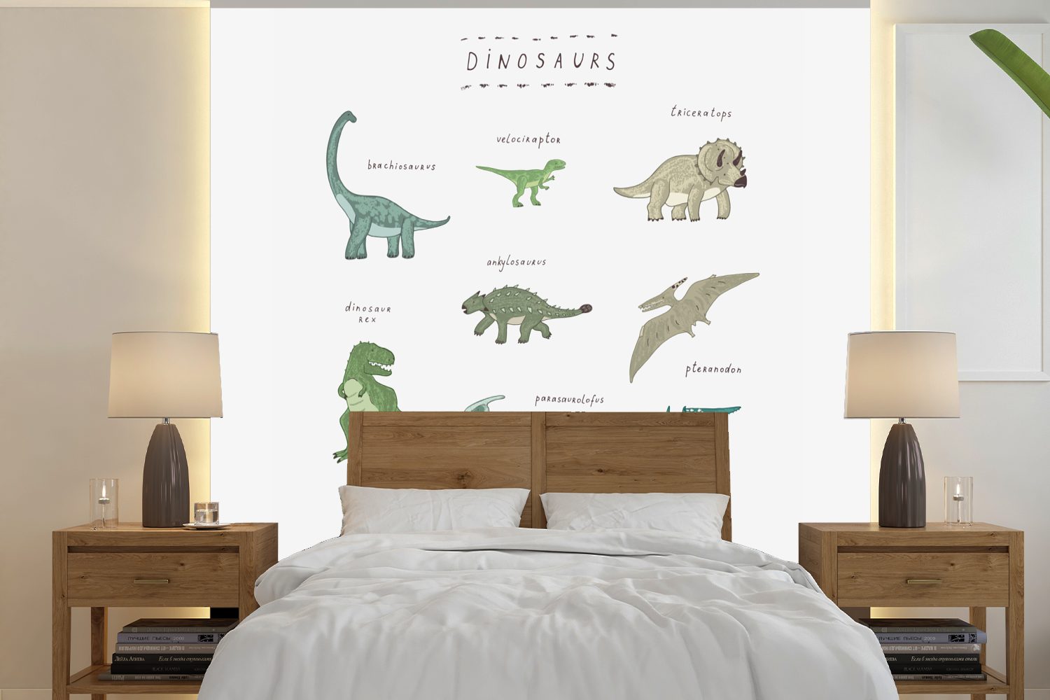 MuchoWow Fototapete Kinderzimmer - Dinosaurier - Weiß - Jungen - Mädchen - Kinder, Matt, bedruckt, (5 St), Vinyl Tapete für Wohnzimmer oder Schlafzimmer, Wandtapete