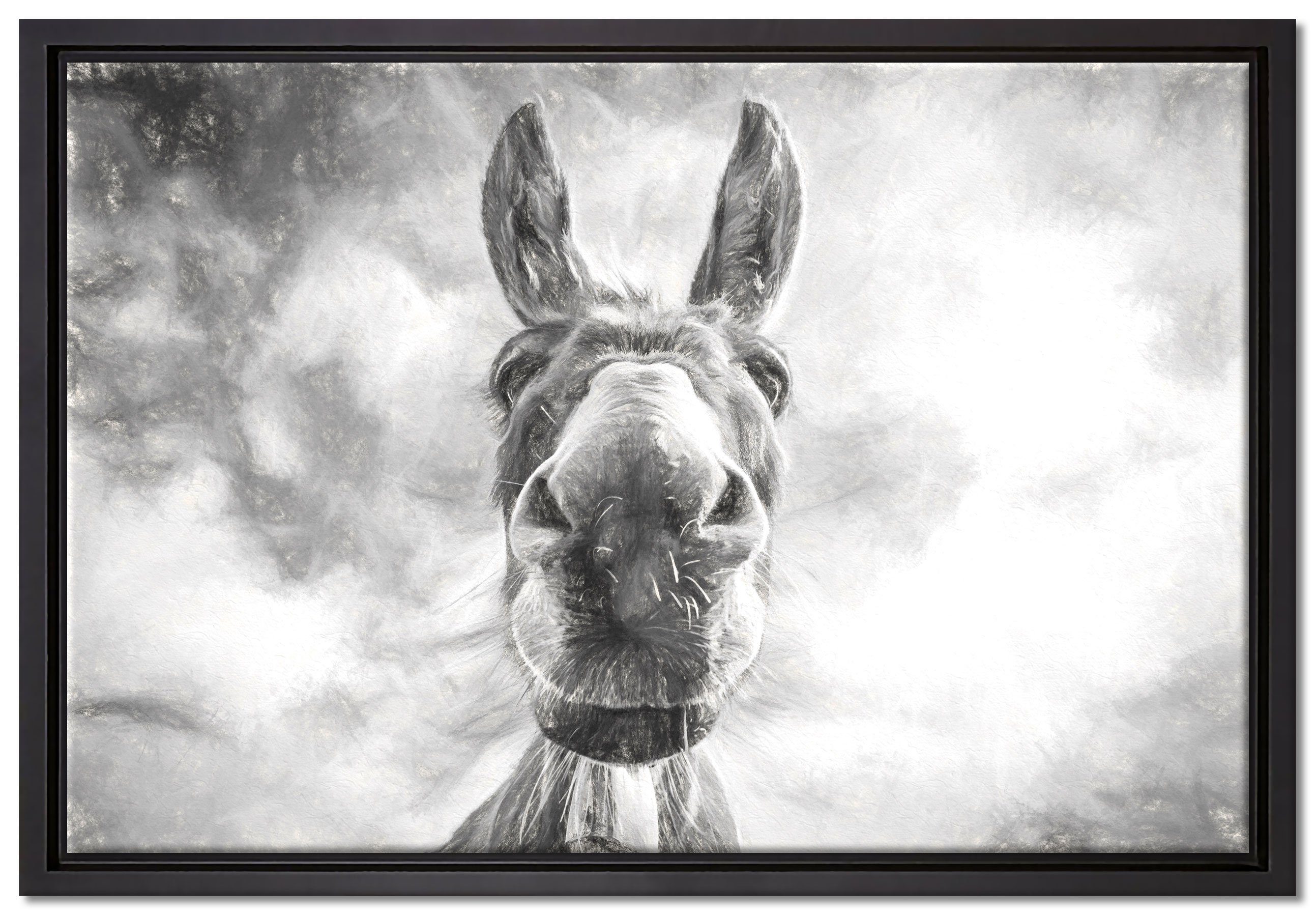 Pixxprint Leinwandbild Lustiger Esel Kunst, Wanddekoration (1 St), Leinwandbild fertig bespannt, in einem Schattenfugen-Bilderrahmen gefasst, inkl. Zackenaufhänger