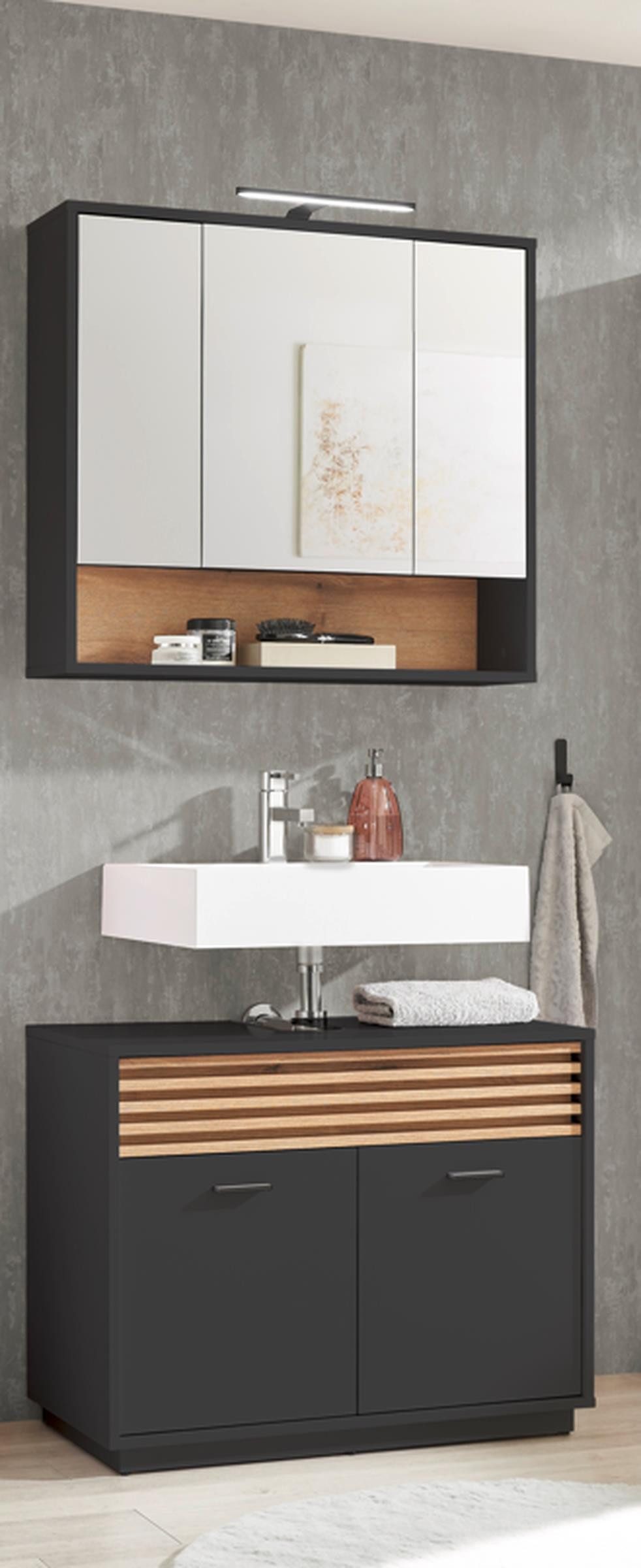PREISBRECHER Badezimmer-Set Liguria, (Beleuchtung), (2-tlg) in Anthrazit / Evoke Eiche Dekor - 80x191x40 (BxHxT)