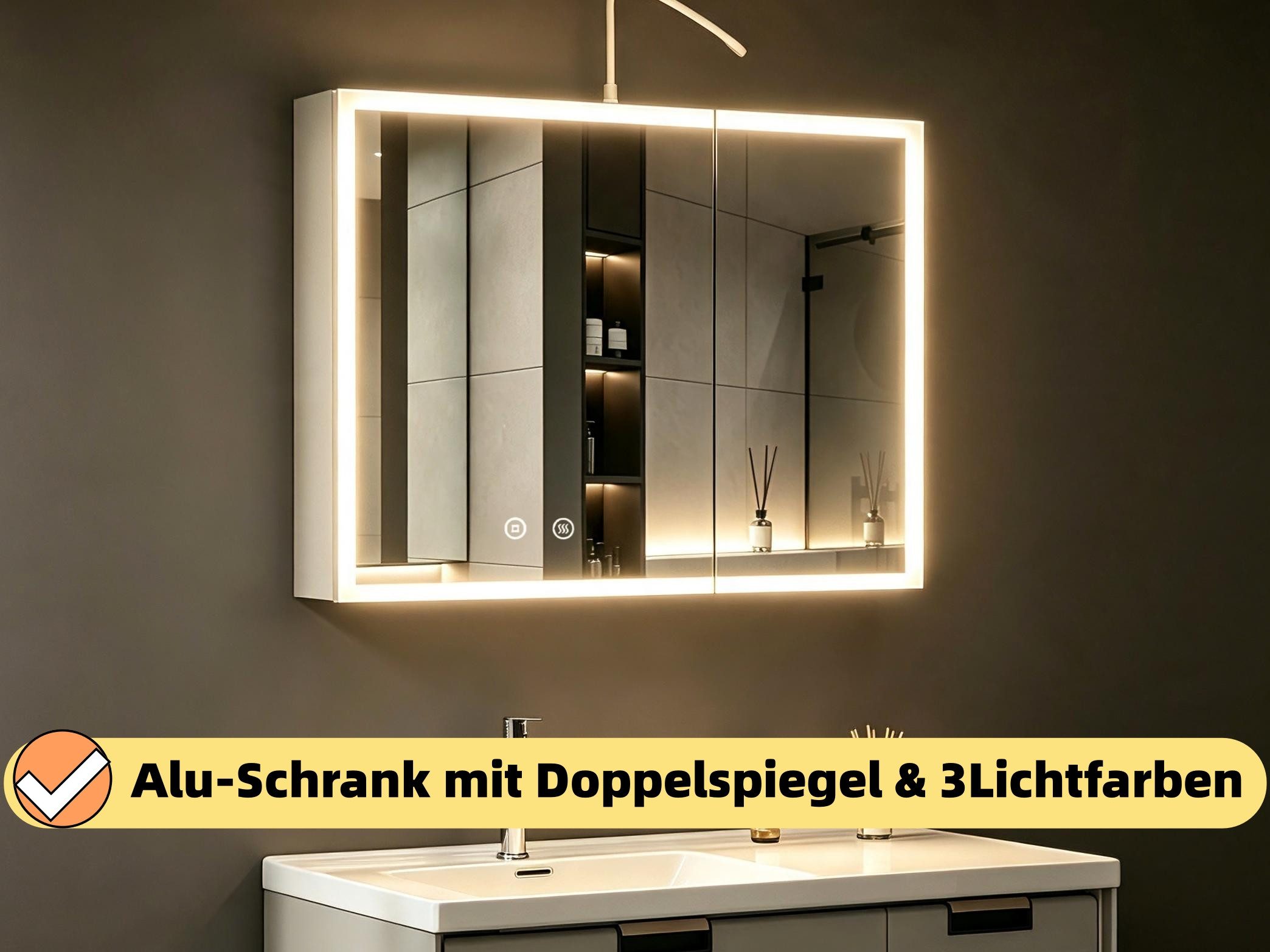 WDWRITTI Badezimmerspiegelschrank mit Led Weiss Spiegelschrank Aluminum 2türig 3Lichtfarben dimmbar (Wandschrank Badschrank Weiß, 80 x 13,5 x 60 cm) vormontiert geliefert, mit Netzstecker, Doppel Spiegel