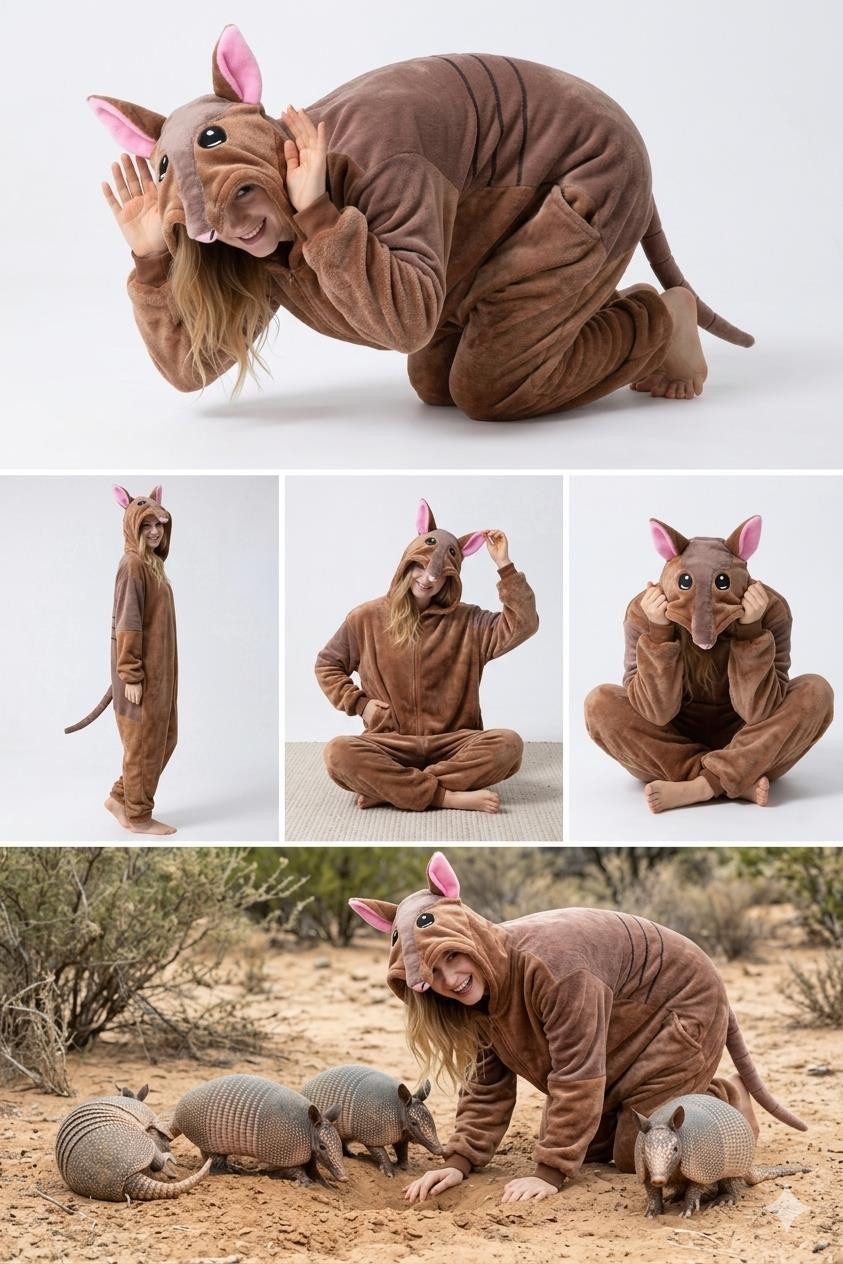 Corimori Partyanzug Flauschiges Gürteltier-Kostüm für Erwachsene,  Karneval Kostüm Onesie, Jumpsuit, Pyjama, Fasching, Kigurumi, Tierkostüme, Gürteltier "Liam"