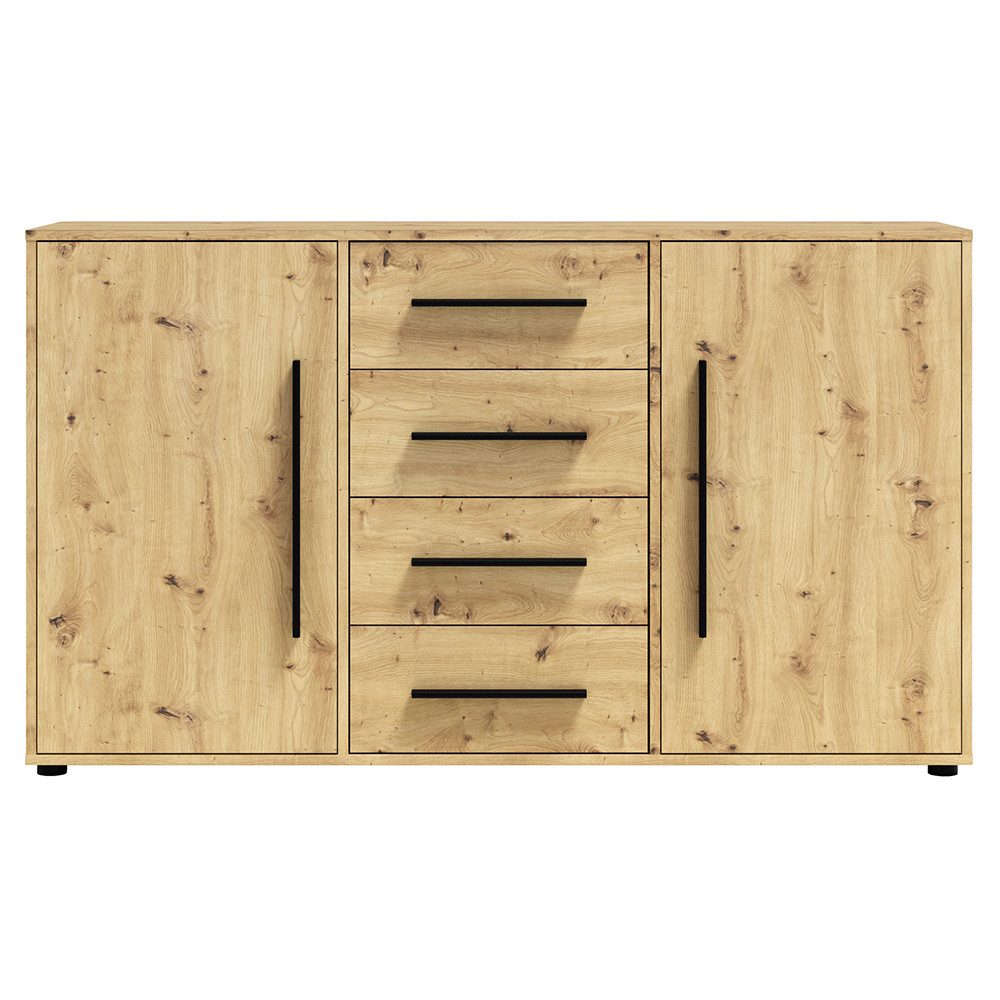 Lomadox Schlafzimmer-Set MOLLERUSA-132, (Spar-Set, 7-tlg., Bett Kleiderschrank Sideboard Bettschubkästen Nachttische), in Eiche mit schwarzen Griffen, Liegefläche 160x200 cm