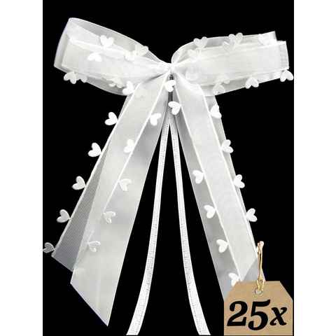 Praknu Dekoobjekt 25 Antennenschleifen Weiß mit Herzen N26 (Set, 25 St), Handgemacht I Satinband I Hochzeit Schleifen