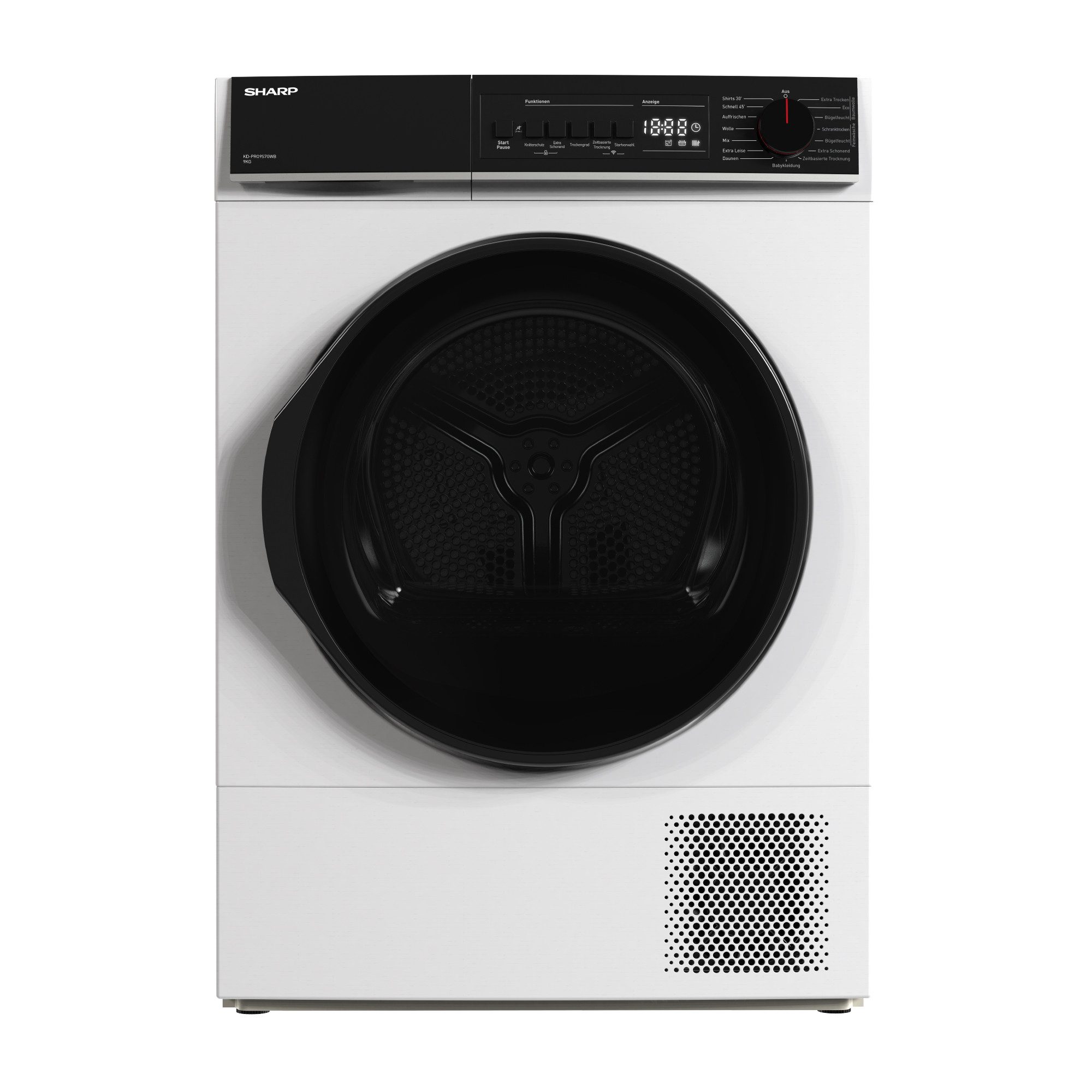 Sharp Wärmepumpentrockner KD-PRO9S7GWB-DE, Programmknebel und SoftTouch-Bedienung mit LED-Display