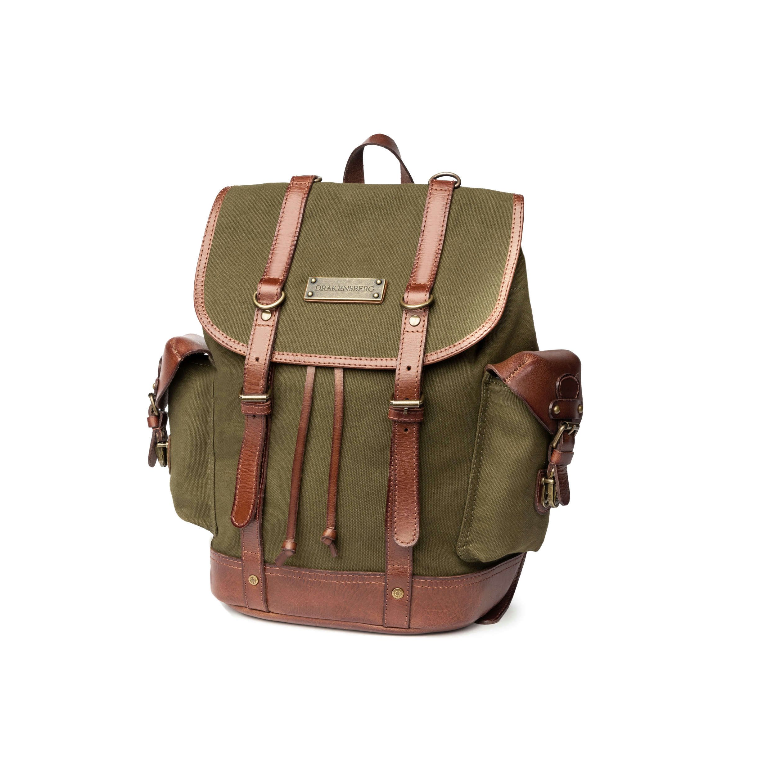 DRAKENSBERG Wanderrucksack »Henry Junior« Oliv-Grün, Jungen und Mädchen Rucksack im alpinen Vintage-Design, Canvas, Leder