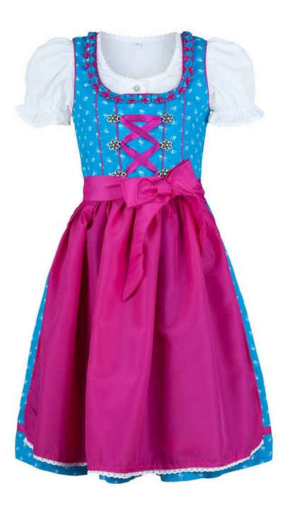 Nübler Dirndl Kinderdirndl 3-teilig Emilia in Türkis-Fuchsia von Nübler 3 teiliges Set aus Dirndl, Bluse und Schürze, Kinder Tracht im Original bayerischen Stil