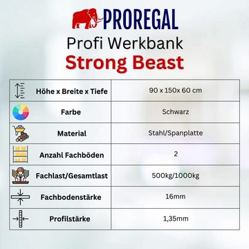 PROREGAL® Werkbank Werkbank STRONG BEAST HxBxT 90x150x60cm Fachlast 500kg Schwarz