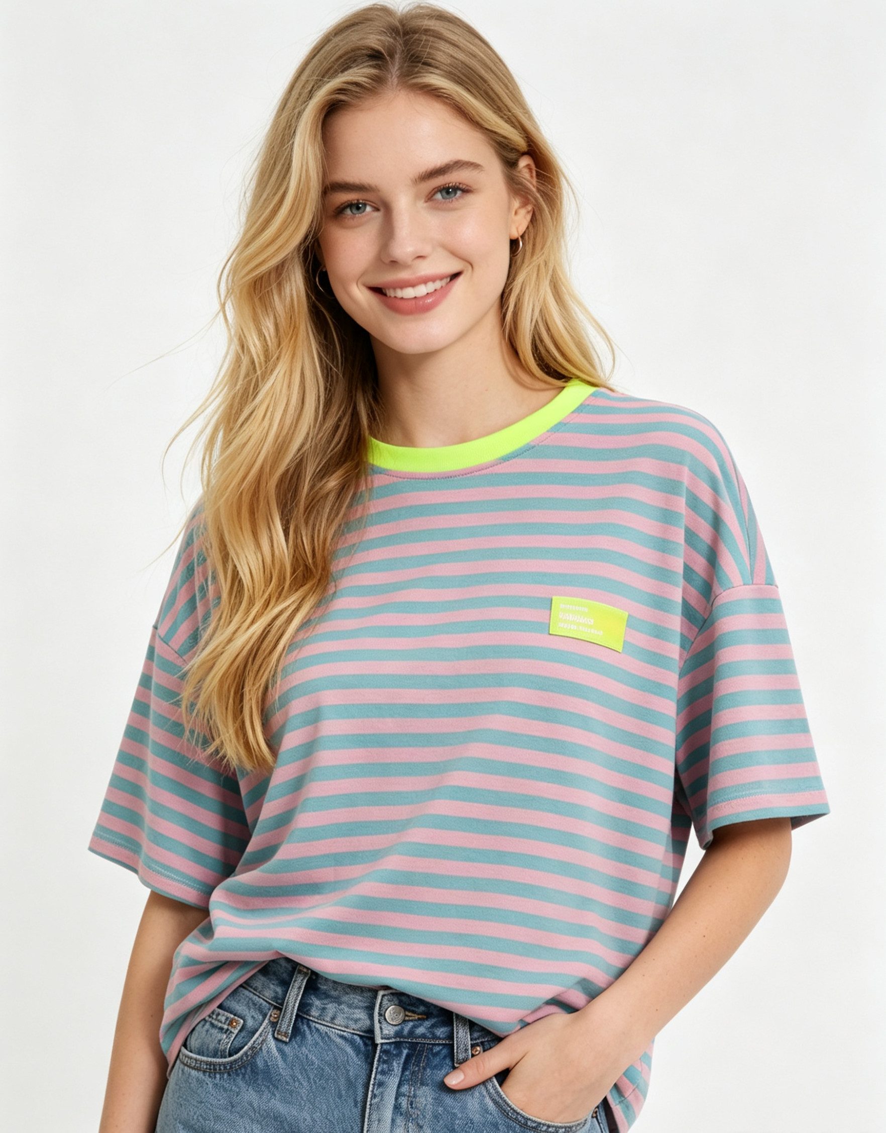MIRROSI Sweatshirt Damen Kurzarm T Shirt Oversize Neonfarben Streifenmuster One Size Passform (ca. Gr. 34–40); Made in Italy