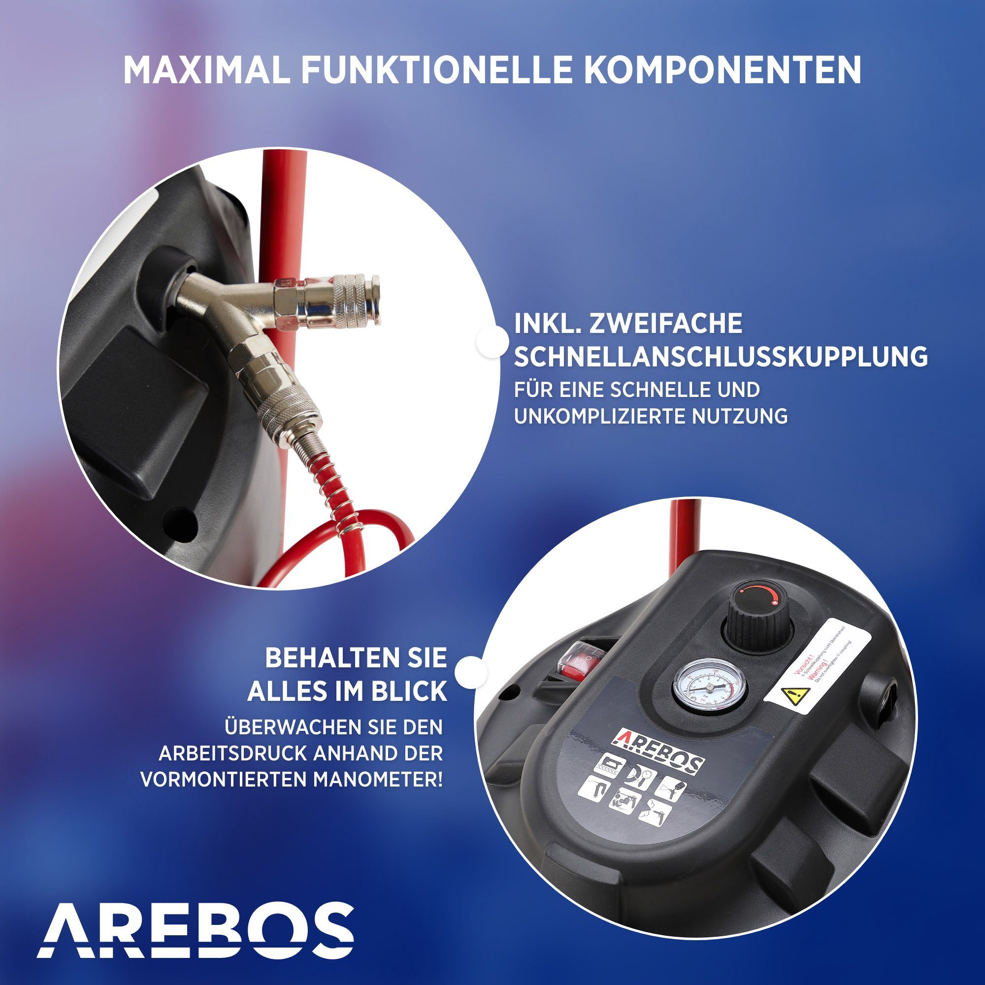 Arebos Druckluftgeräte-Set 30L Druckluftkompressor stehend, inkl. Zubehör, Wartungsarm, 13-tlg., Ölfreier Kompressor für lange und wartungsarme Lebensdauer