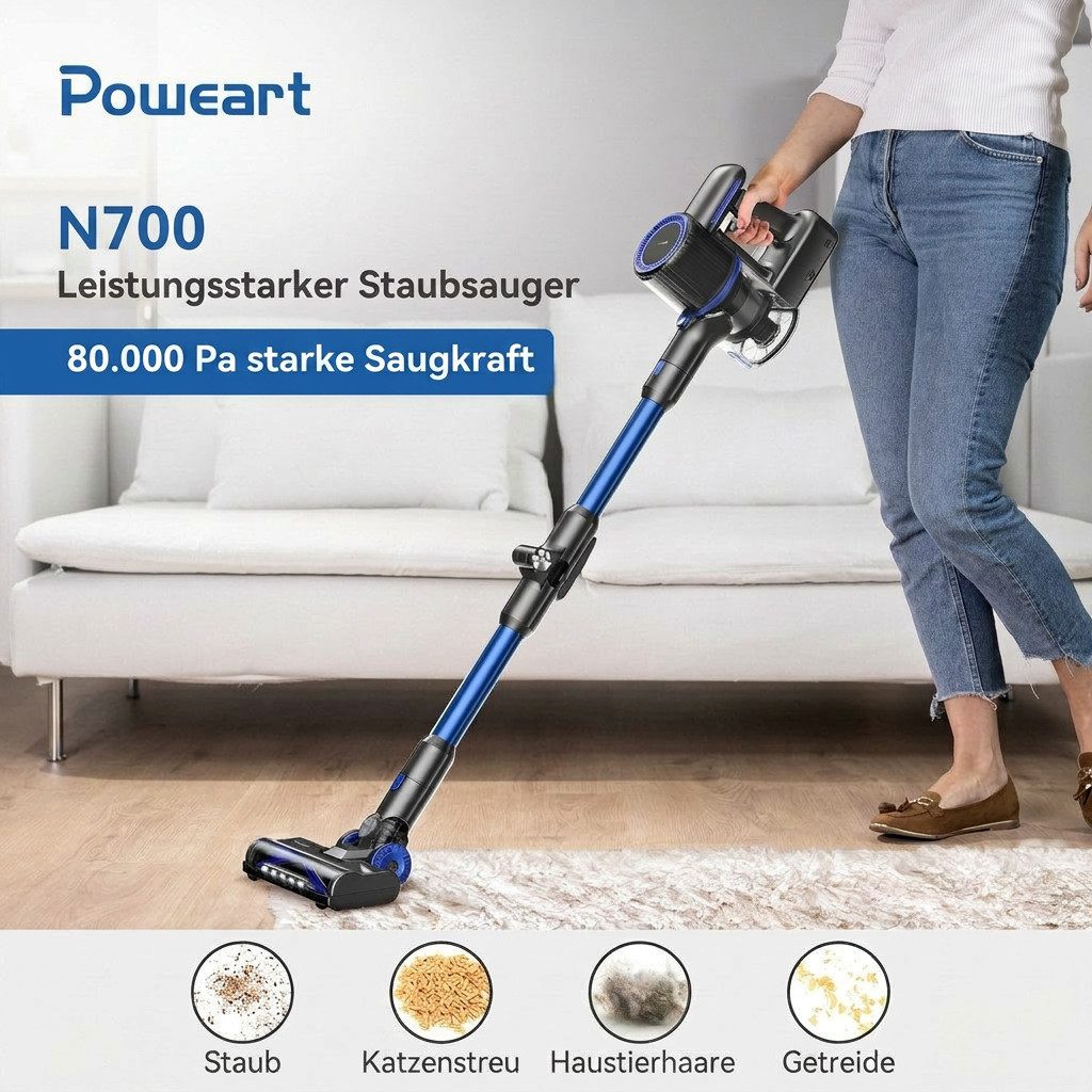 POWEART Akku-Hand-und Stielstaubsauger Akku Staubsauger 80000Pa/60 Min/1,8 L Staubsauger Kabellos, mit Beutel, 50dB leise/6-Stufen-Filter/LED Display, Ideal für Böden/Teppiche/Auto