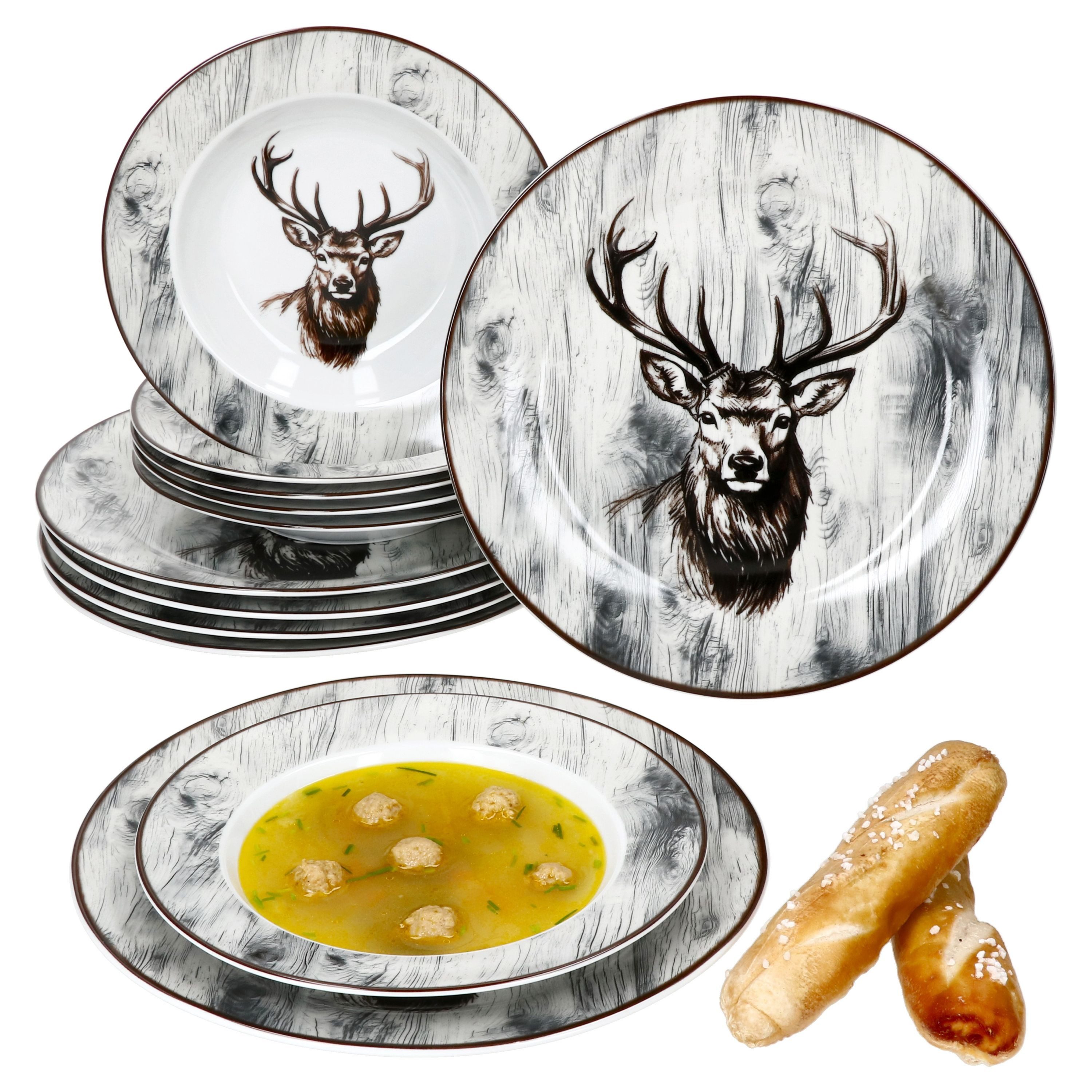 MamboCat Столовый сервиз 12tlg Столовый сервиз Alois Porzellan 6 Personen Hirsch, Porzellan
