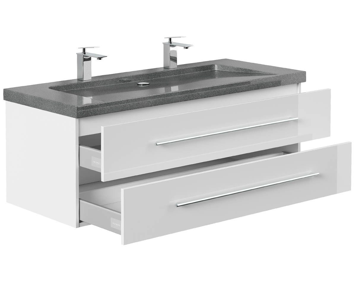 Posseik Waschtisch-Set Bad Doppel-Waschtisch NATURE 130cm, Granit-Becken, weiß hochglanz, (Badmöbel Set, 1-St., Waschtisch Set)