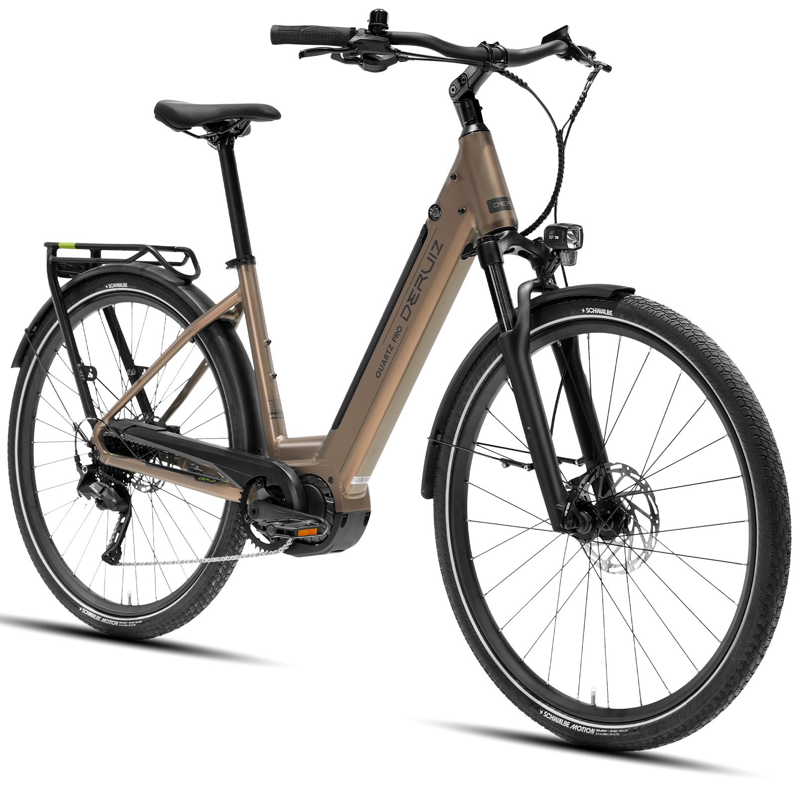 DERUIZ E-Bike Cityrad 28 Zoll Quartz Pro 2026, 100 Nm Mittelmotor, 644 Wh, bis 161 km, 9 Gang SHIMANO Shimano CUES RD-U3020 Schaltwerk, Kettenschaltung, Mittelmotor, 644 Wh, (Drehmomentsensor, Aluminiumrahmen, Elektrofahrrad), Tiefeinsteiger, Mittelmotor, Schwalbe Reifen, Gepäckträger bis 25 kg