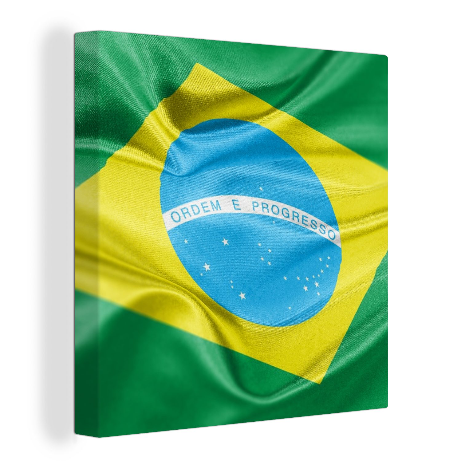 OneMillionCanvasses® Leinwandbild Nahaufnahme der Flagge von Brasilien, (1 St), Leinwand Bilder für Wohnzimmer Schlafzimmer